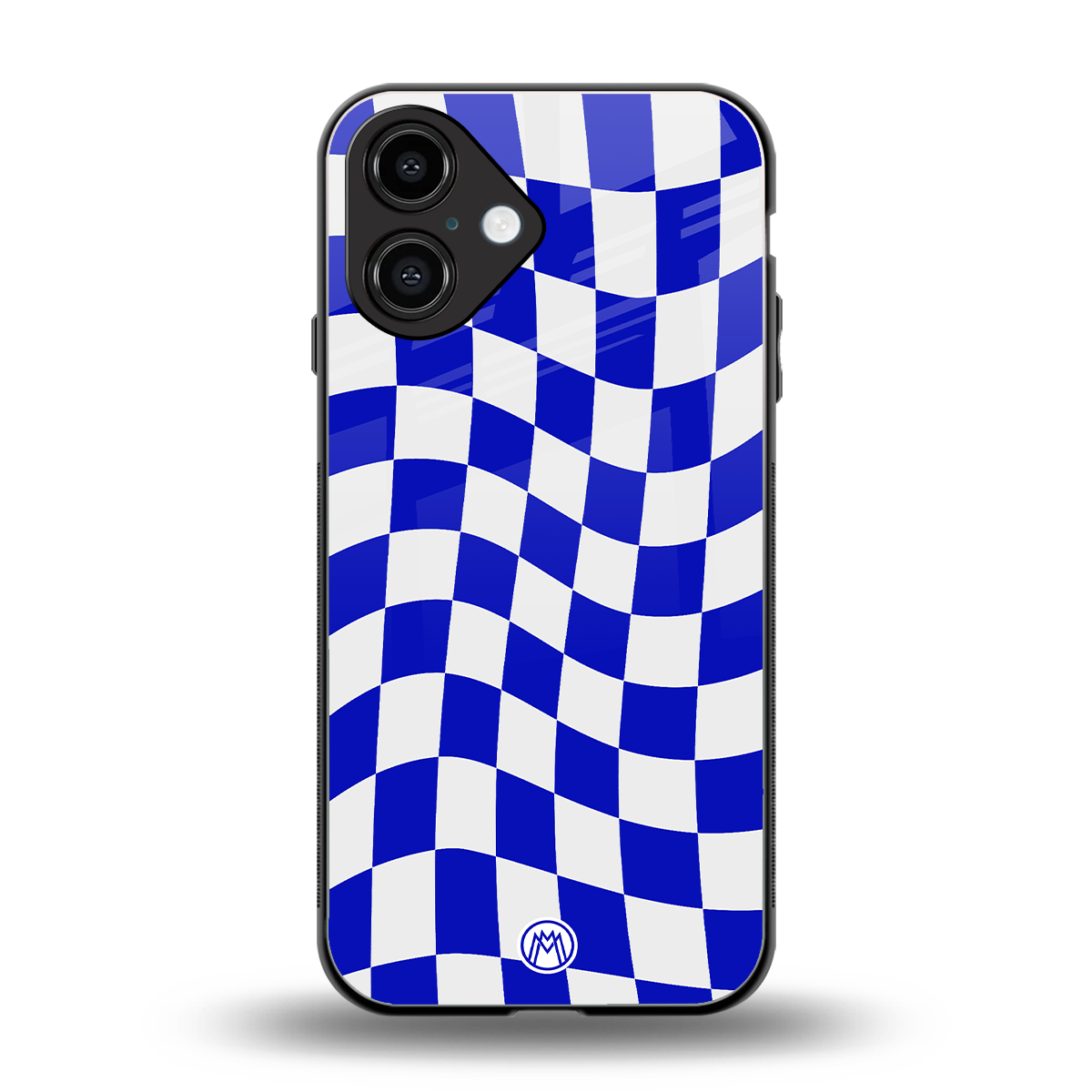 blue white trippy check pattern back phone cover | glass case for iphone 16
