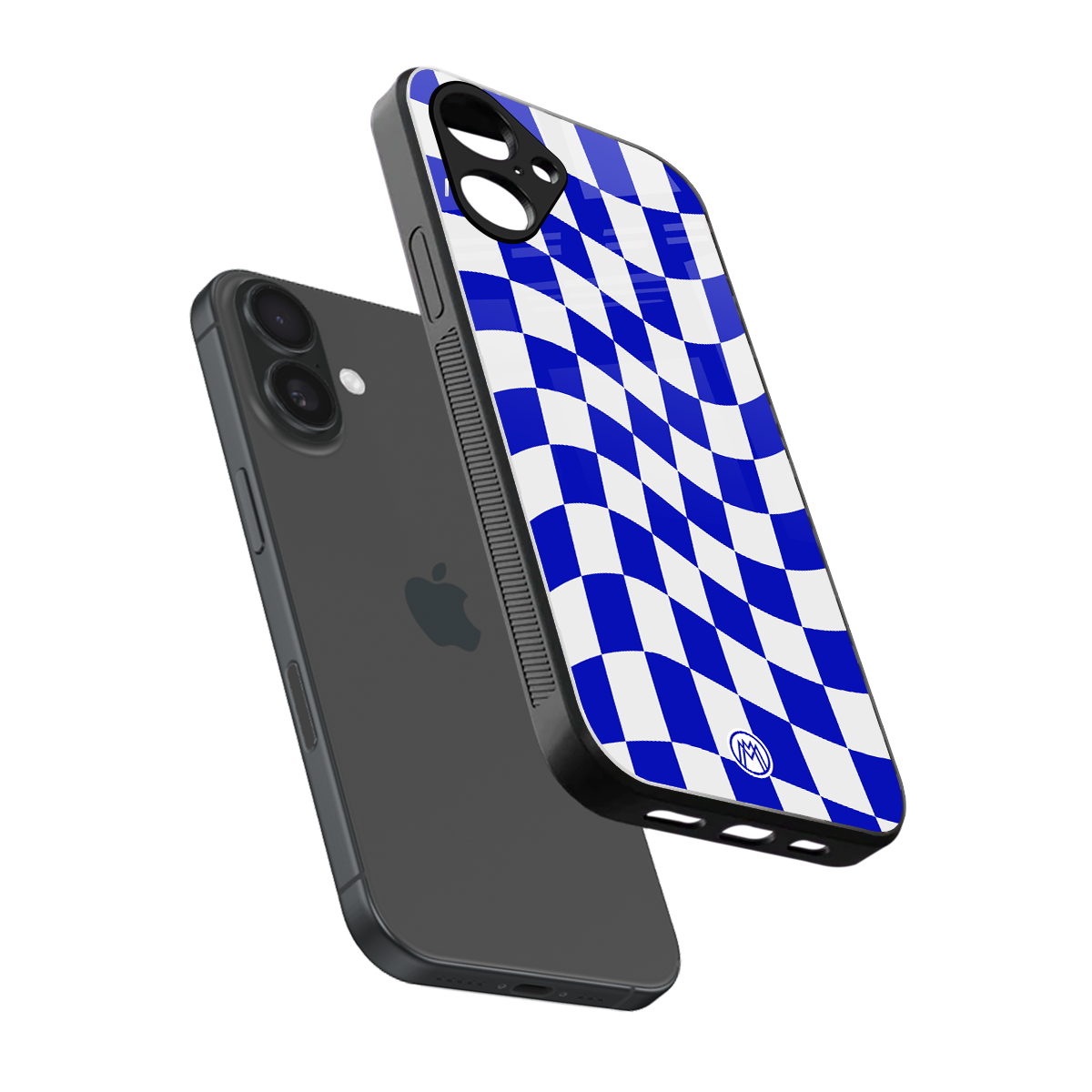 blue white trippy check pattern back phone cover | glass case for iphone 16