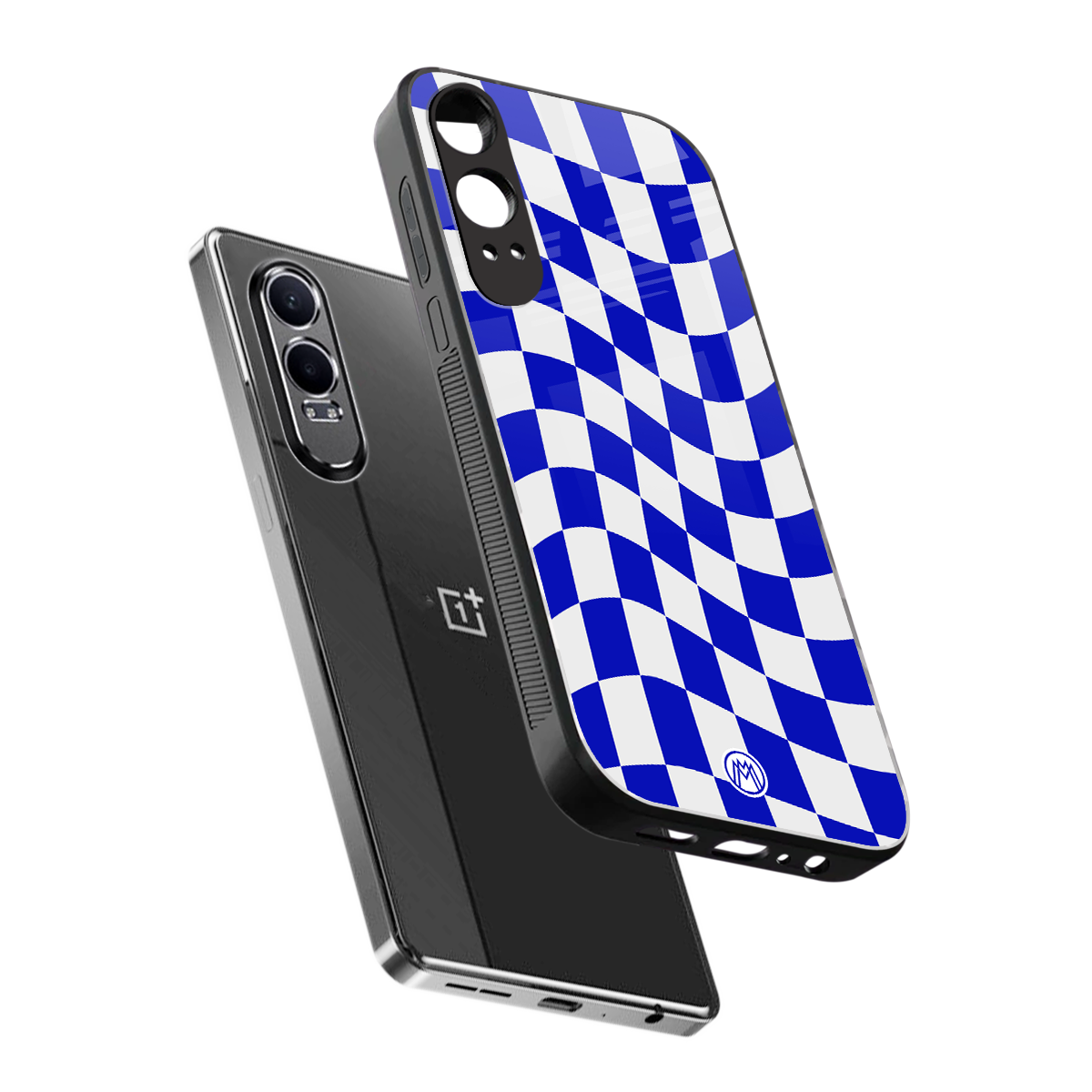 blue white trippy check pattern back phone cover | glass case for oneplus nord ce 4 lite