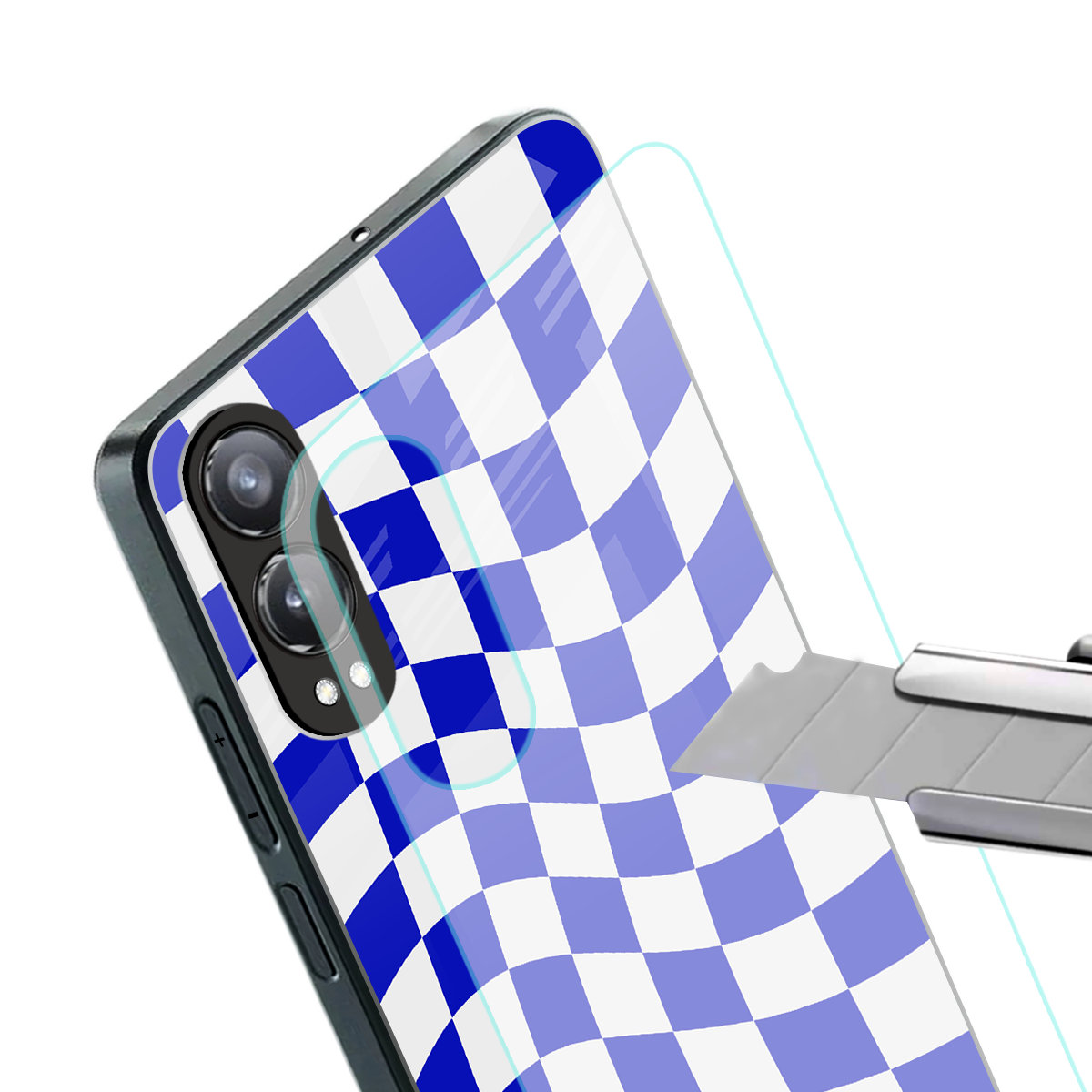 blue white trippy check pattern back phone cover | glass case for oneplus nord ce 4 lite