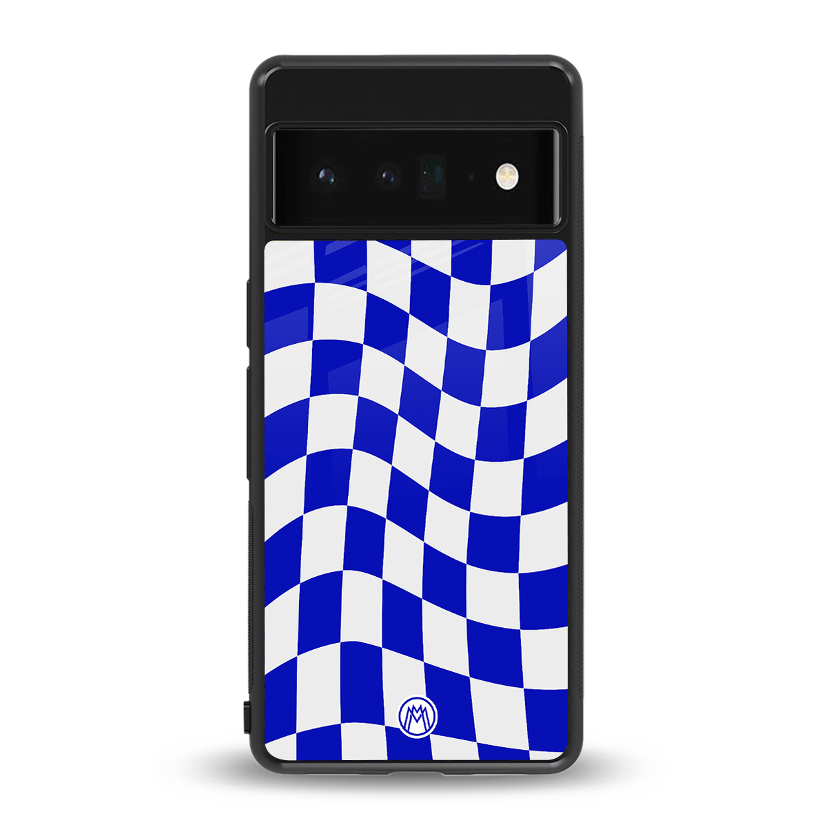 blue white trippy check pattern back phone cover | glass case for google pixel 6 pro