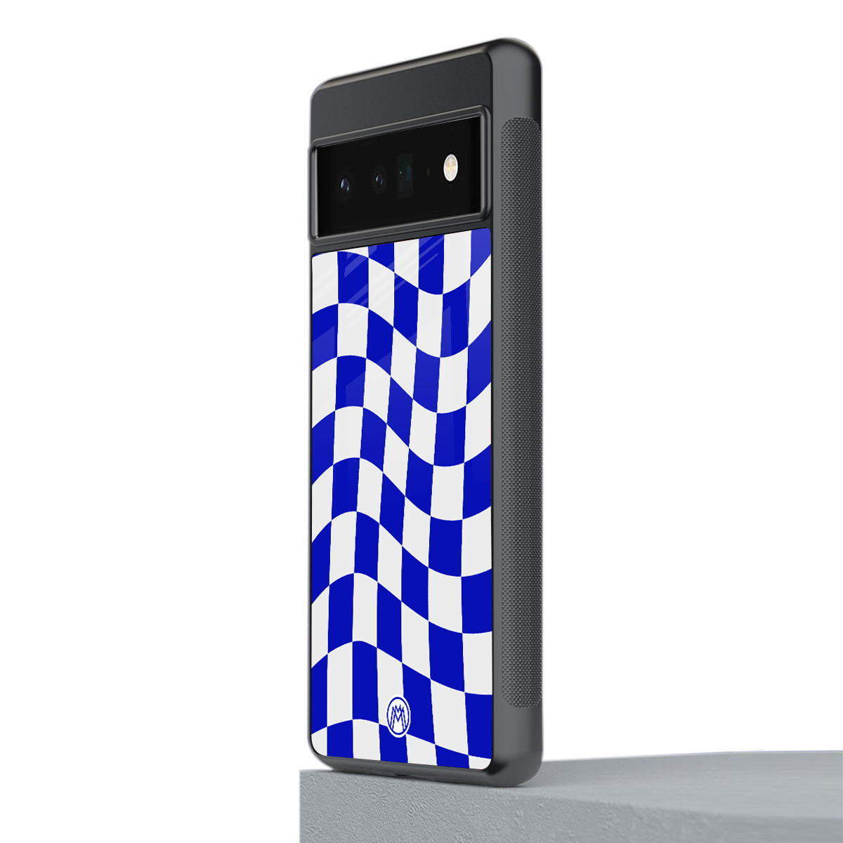 blue white trippy check pattern back phone cover | glass case for google pixel 6 pro