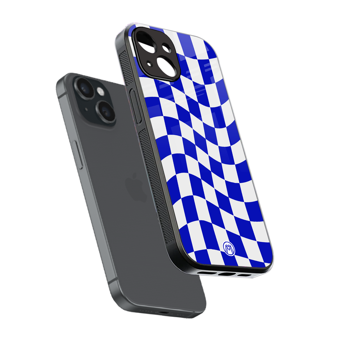 blue white trippy check pattern back phone cover | glass case for iphone 15