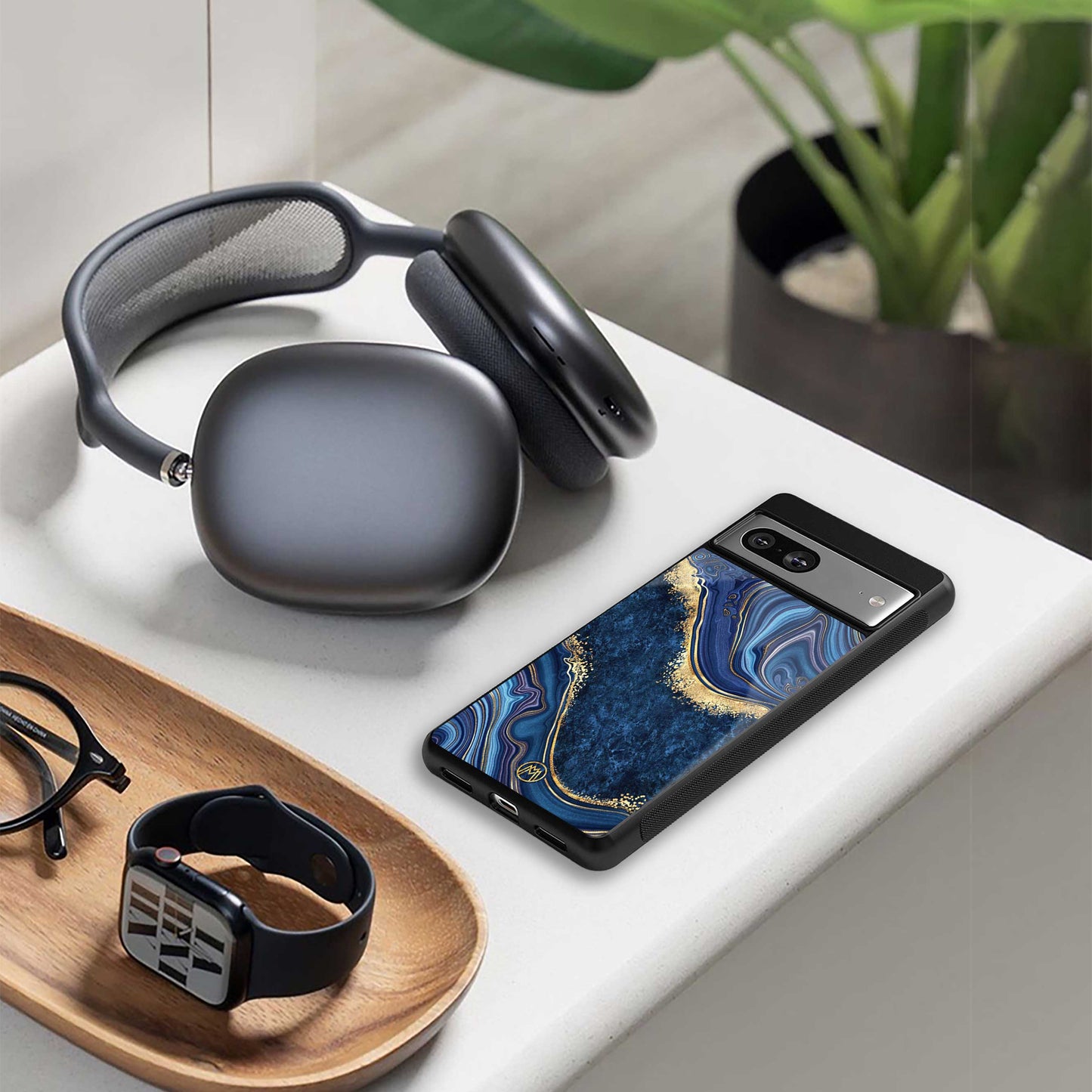 blue gold liquid marble back phone cover | glass case for google pixel 7 pro
