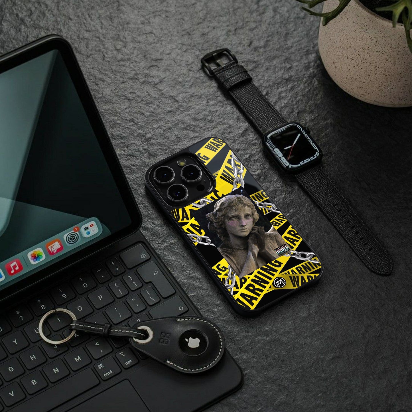 caution back phone cover | glass case for iphone 15 plus