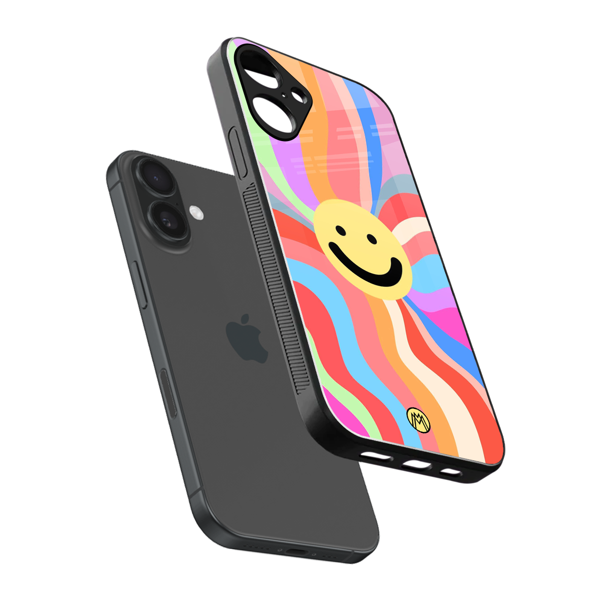 cheerful smiley back phone cover | glass case for iphone 16 plus