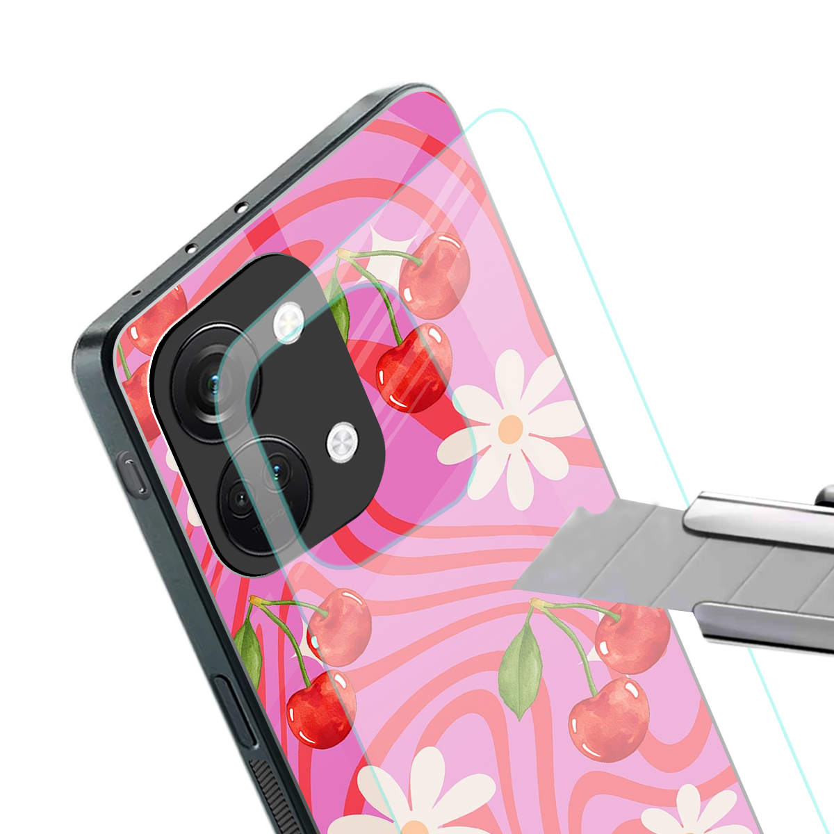 cherry swirl back phone cover | glass case for oneplus nord 3