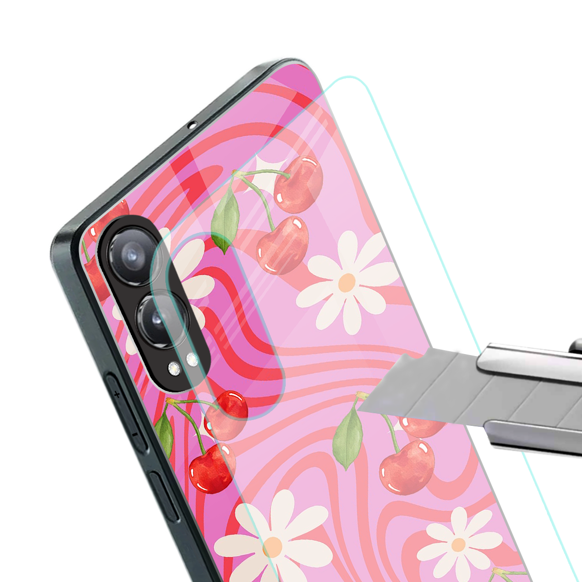 cherry swirl back phone cover | glass case for oneplus nord ce 4 lite