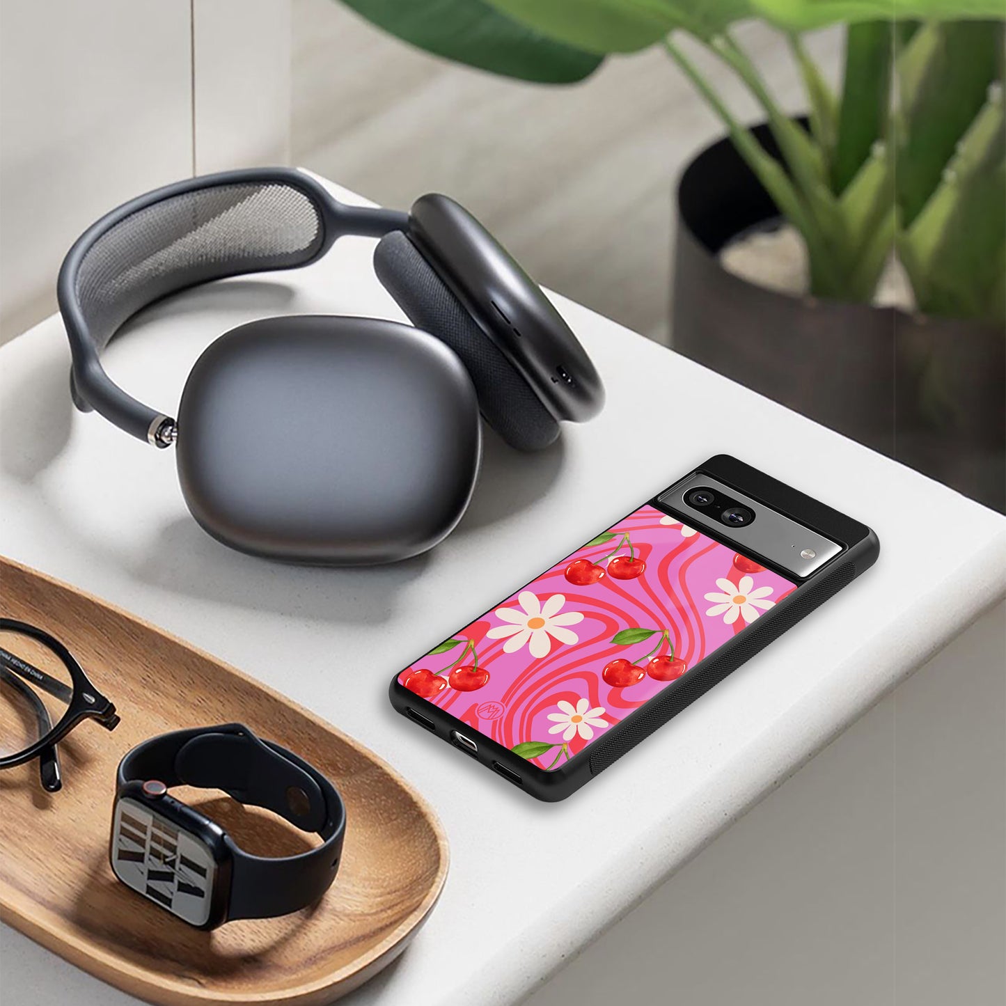 cherry swirl back phone cover | glass case for google pixel 9 pro