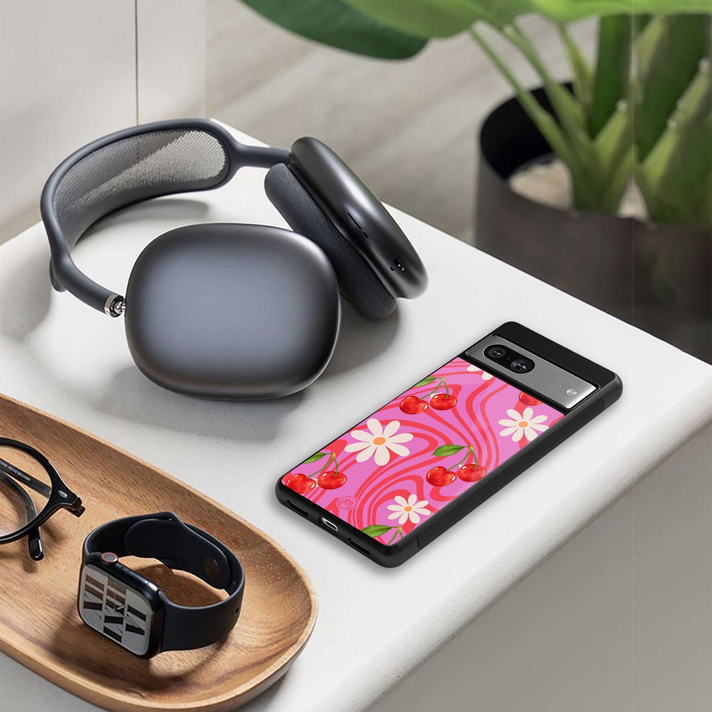 cherry swirl back phone cover | glass case for google pixel 7 pro