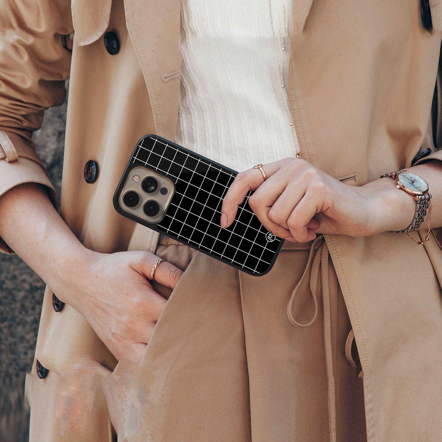 classic grid dark edition back phone cover | glass case for iphone 14 pro