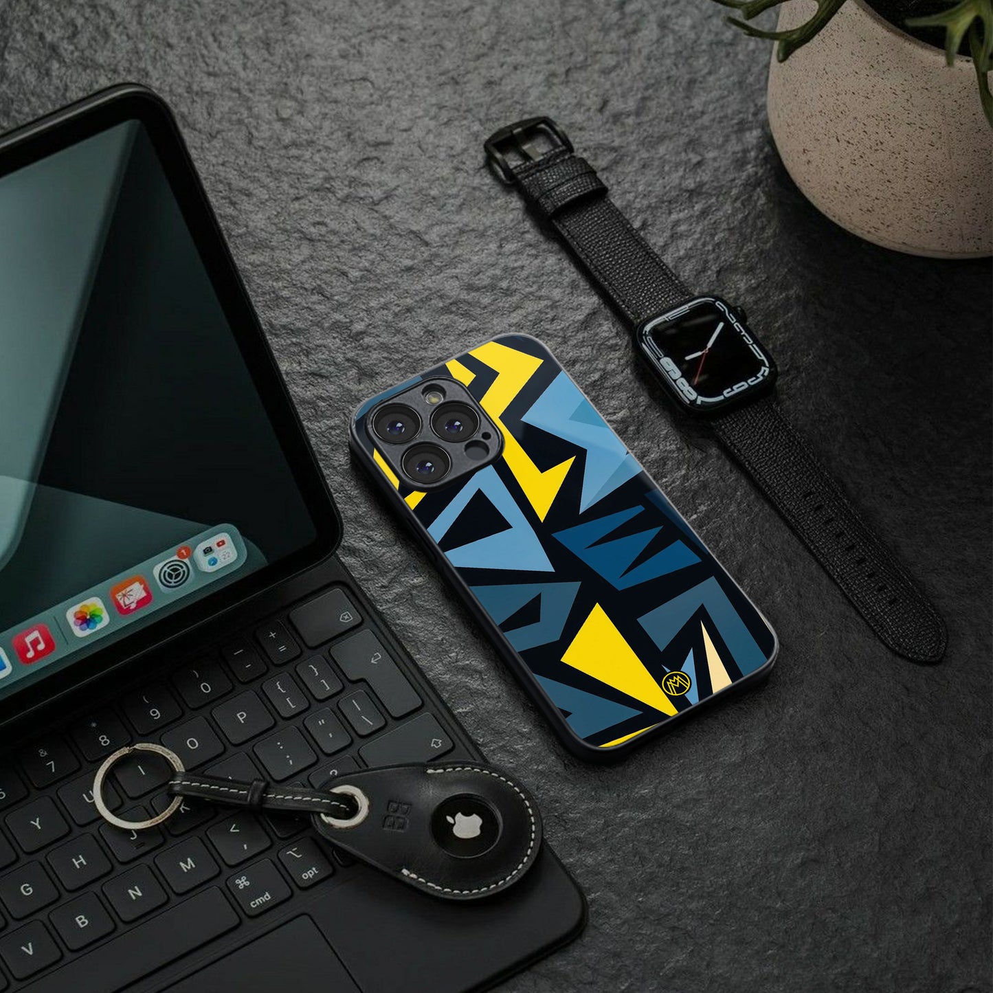 dynamic blue yellow pattern back phone cover | glass case for iphone 16