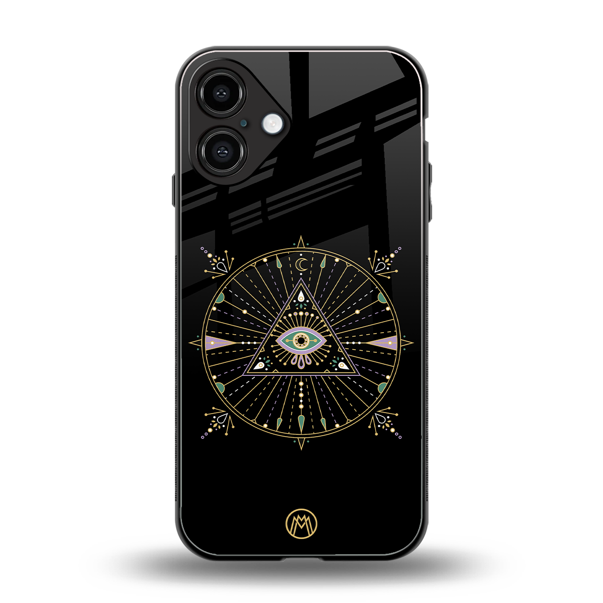 evil eye mandala black back phone cover | glass case for iphone 16 plus