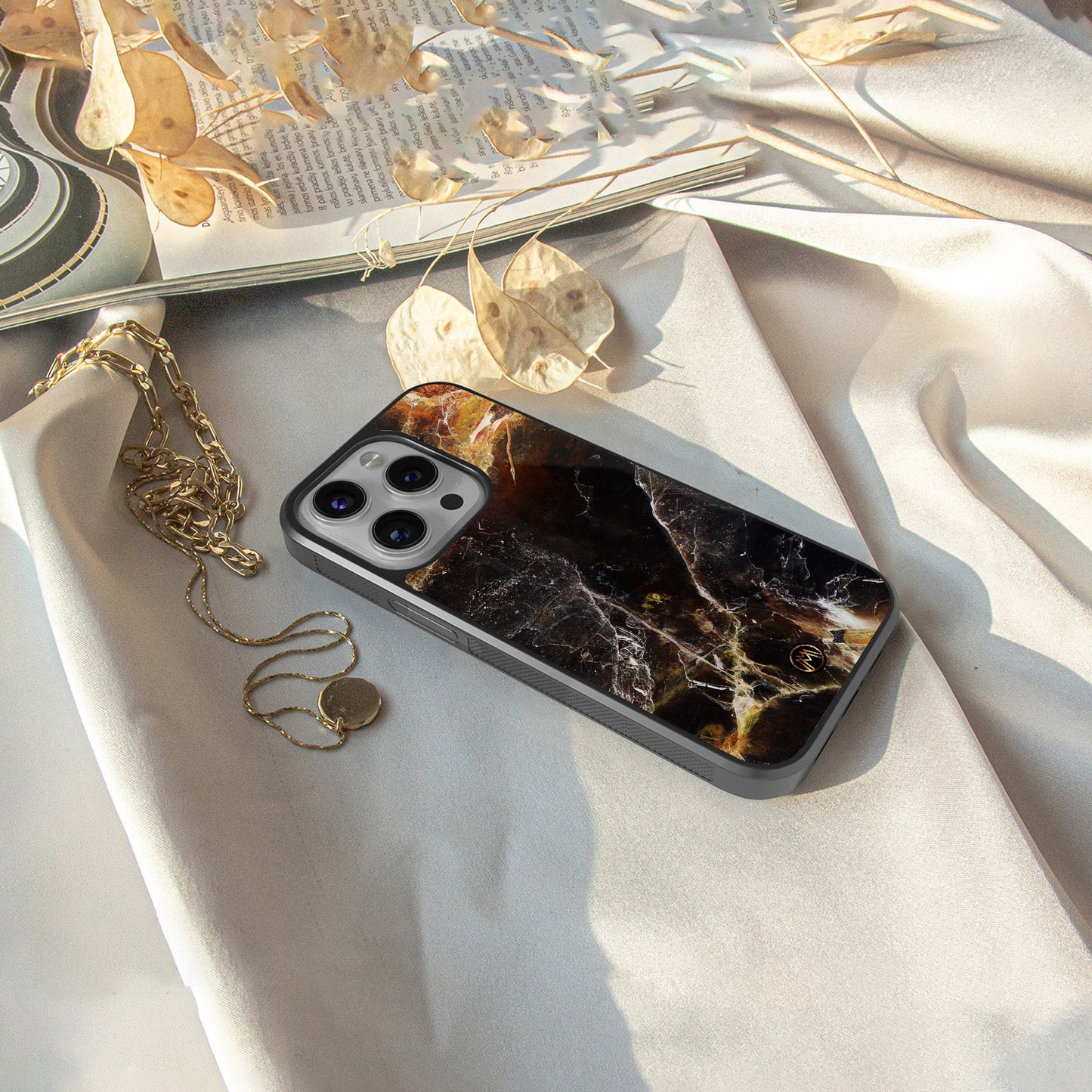 gold dust back phone cover | glass case for iphone 16 pro max