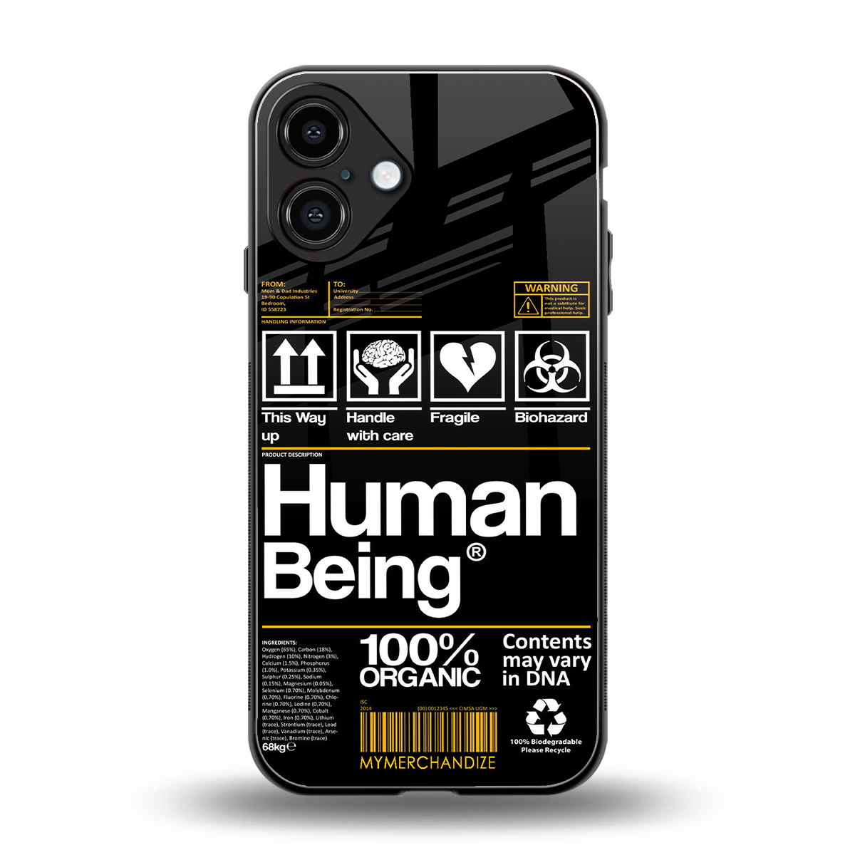 human being label back phone cover | glass case for iphone 16 plus