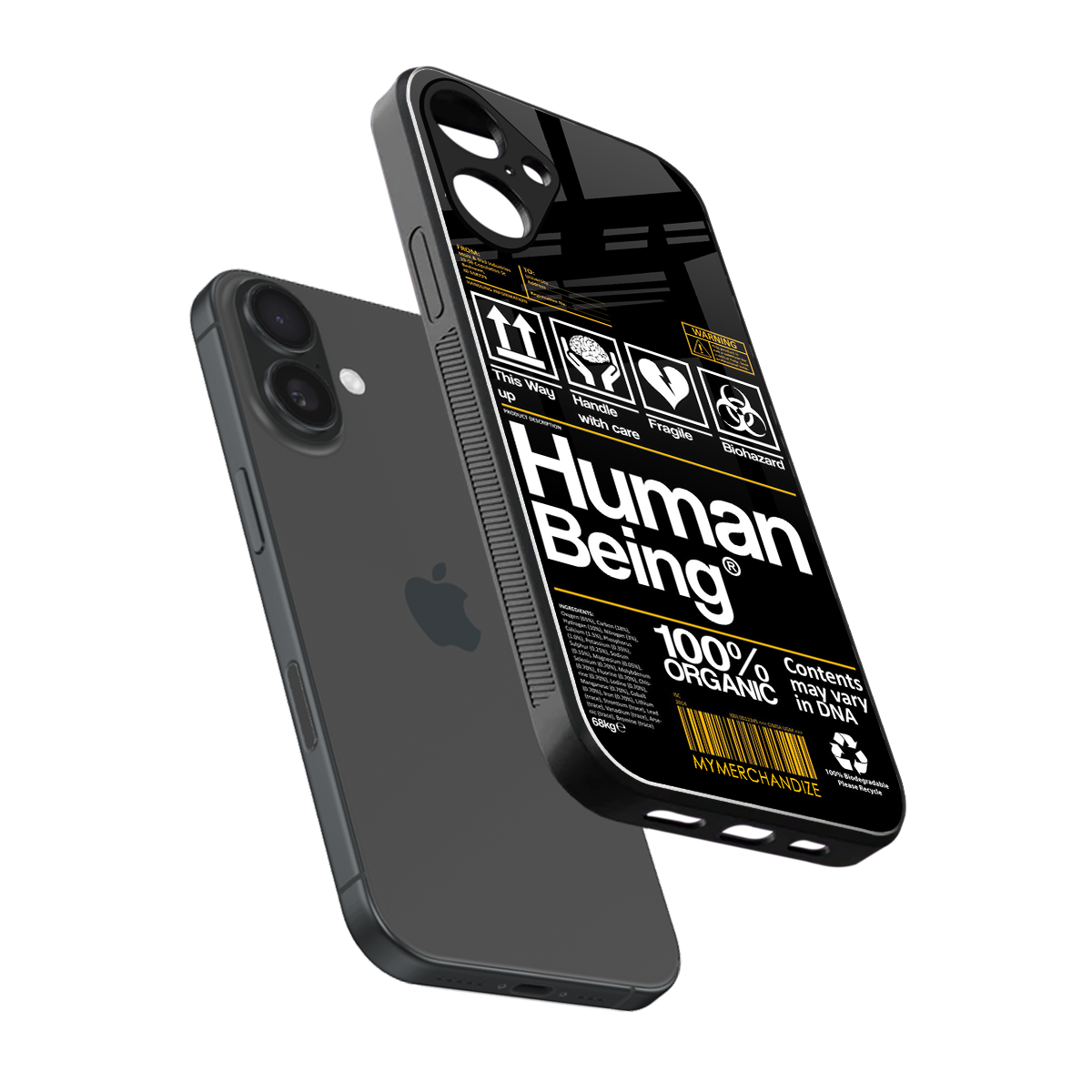 human being label back phone cover | glass case for iphone 16 plus