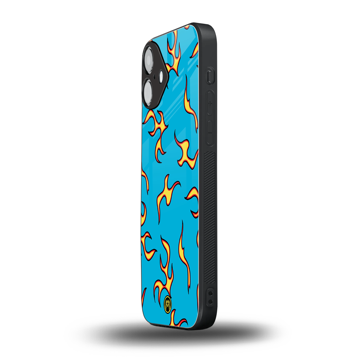lil flames on blue back phone cover | glass case for iphone 16 plus