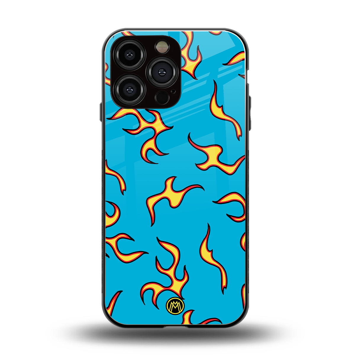 lil flames on blue back phone cover | glass case for iphone 16 pro max
