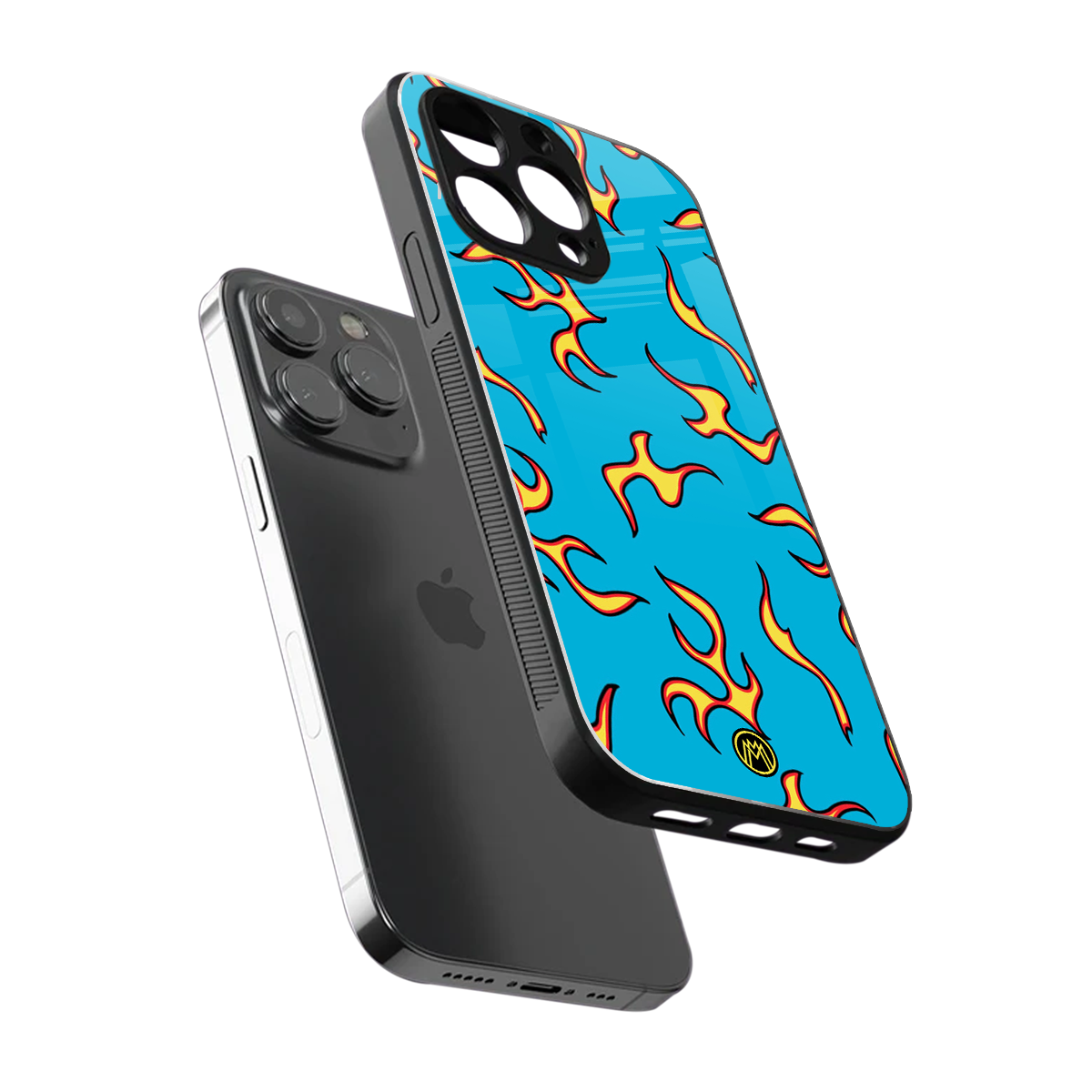 lil flames on blue back phone cover | glass case for iphone 16 pro max