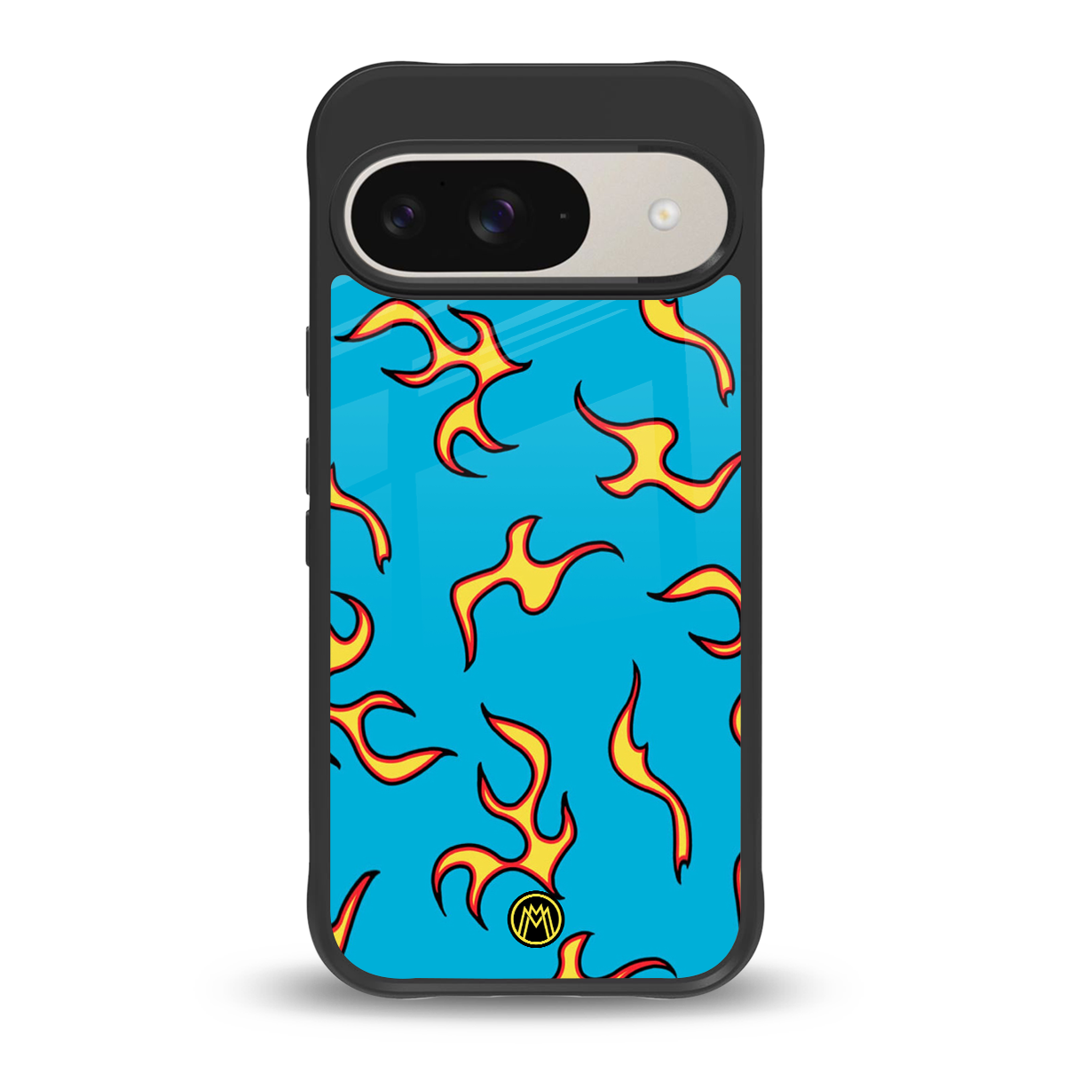 lil flames on blue back phone cover | glass case for google pixel 9