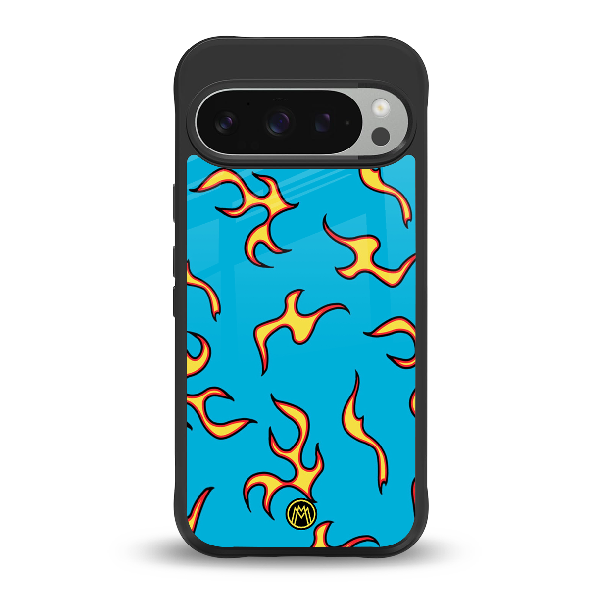 lil flames on blue back phone cover | glass case for google pixel 9 pro