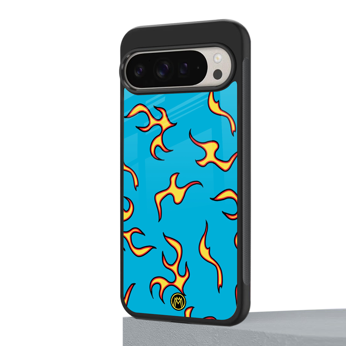 lil flames on blue back phone cover | glass case for google pixel 9 pro