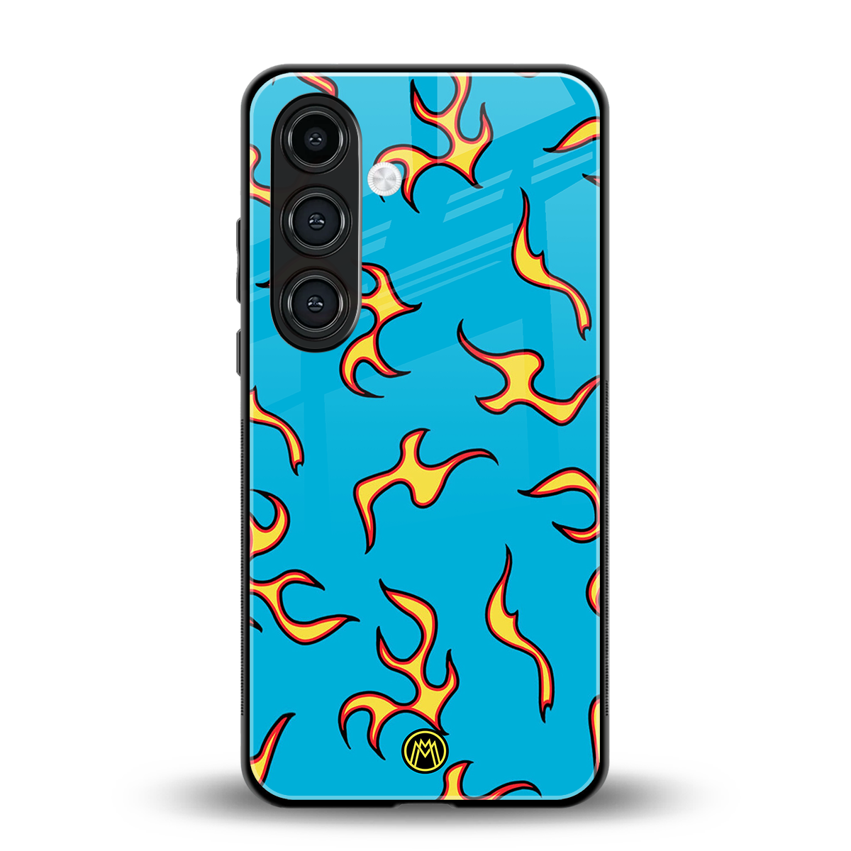 lil flames on blue back phone cover | glass case for samsung galaxy s24 fe