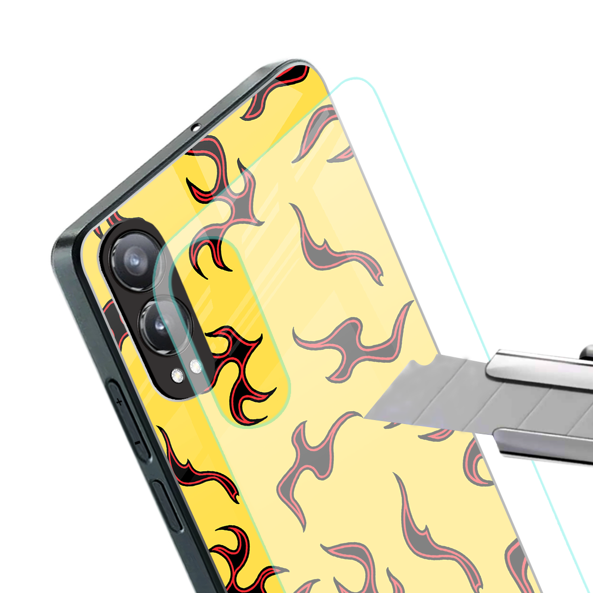 lil flames on yellow back phone cover | glass case for oneplus nord ce 4 lite