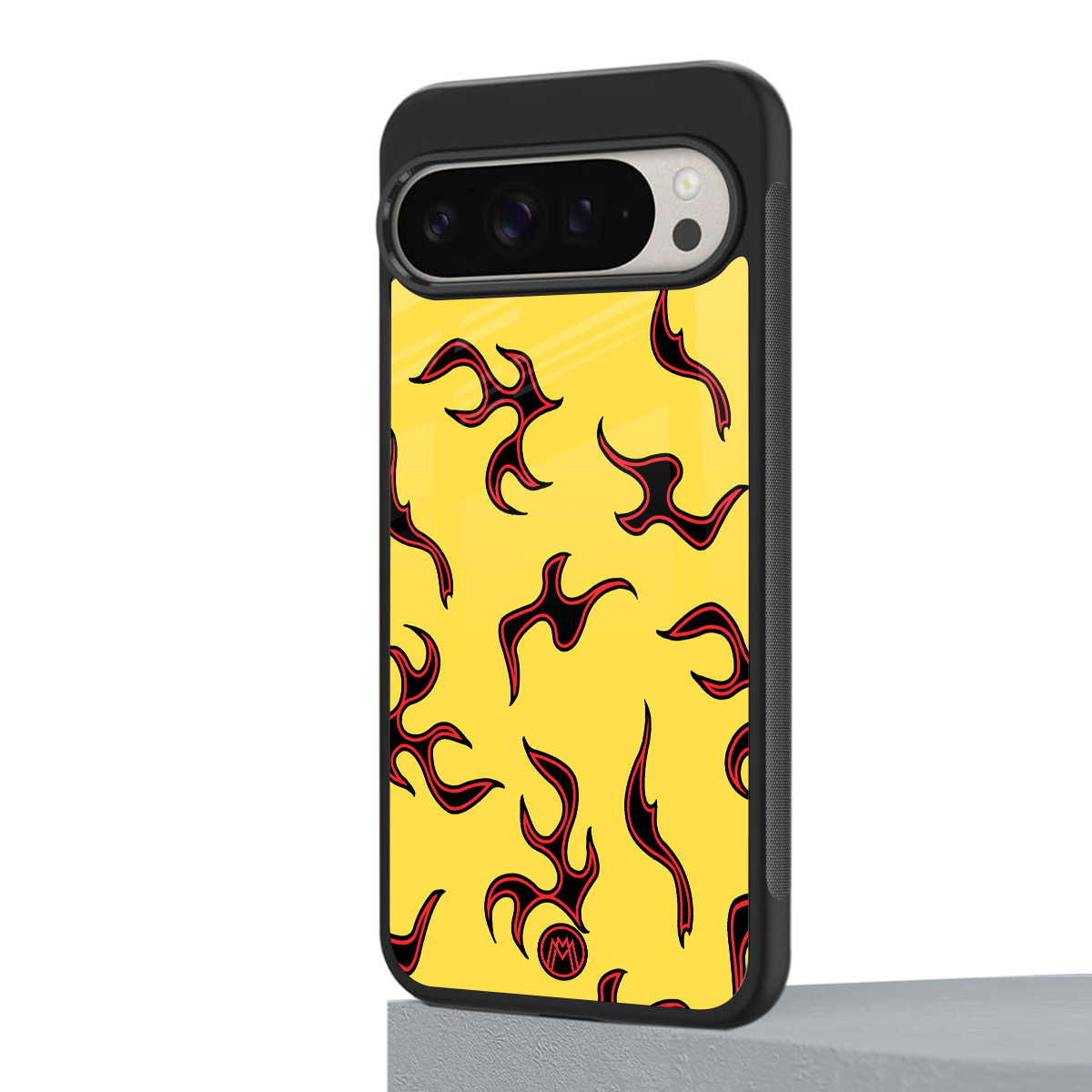 lil flames on yellow back phone cover | glass case for google pixel 9 pro