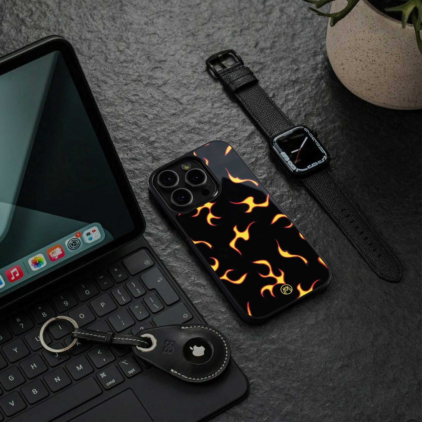 lil flames on black back phone cover | glass case for iphone 14