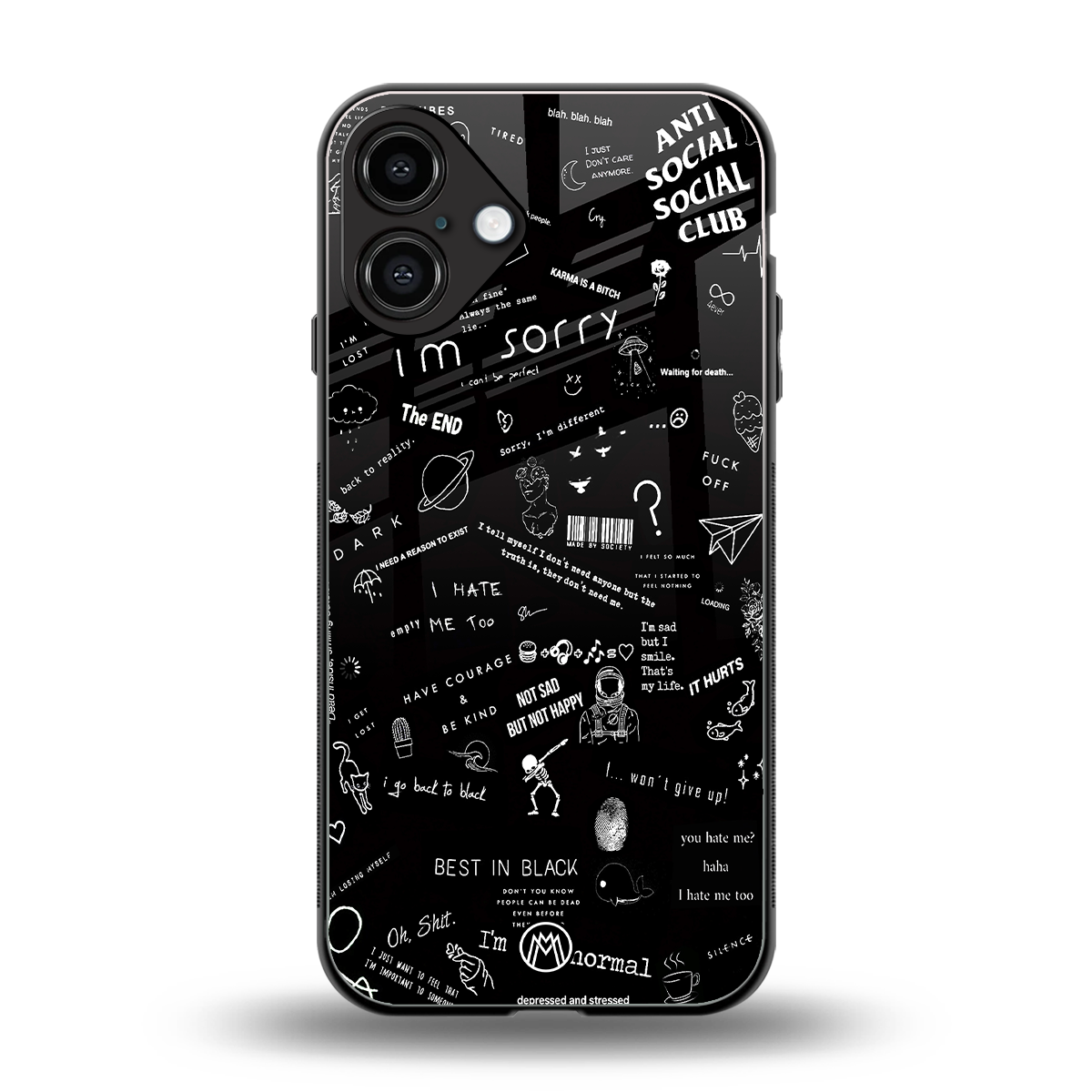 minimalistic black aesthetic collage back phone cover | glass case for iphone 16 plus