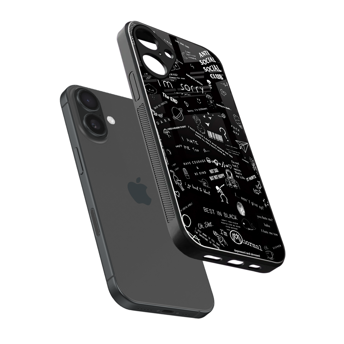 minimalistic black aesthetic collage back phone cover | glass case for iphone 16 plus