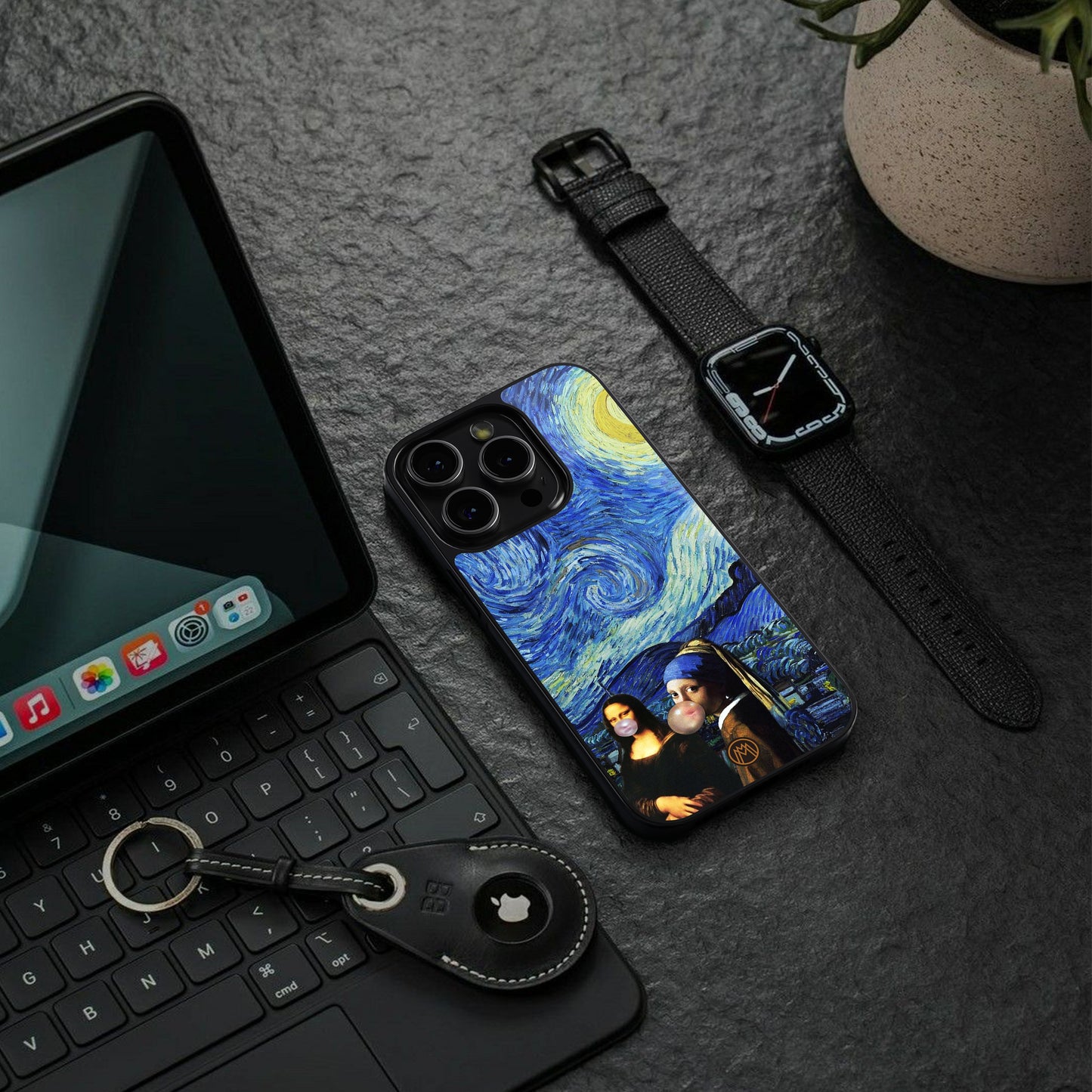 mona lisa starry night back phone cover | glass case for iphone 15 plus