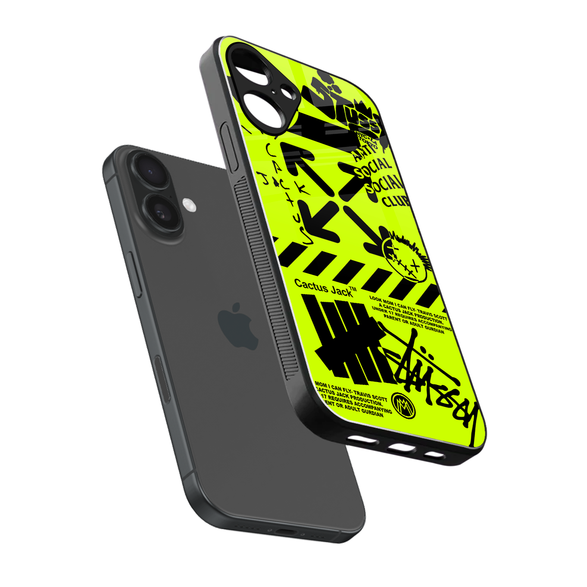 neon travis scott x anti social social club back phone cover | glass case for iphone 16 plus