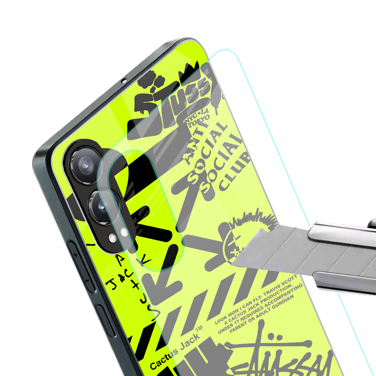 neon travis scott x anti social social club back phone cover | glass case for oneplus nord ce 4 lite