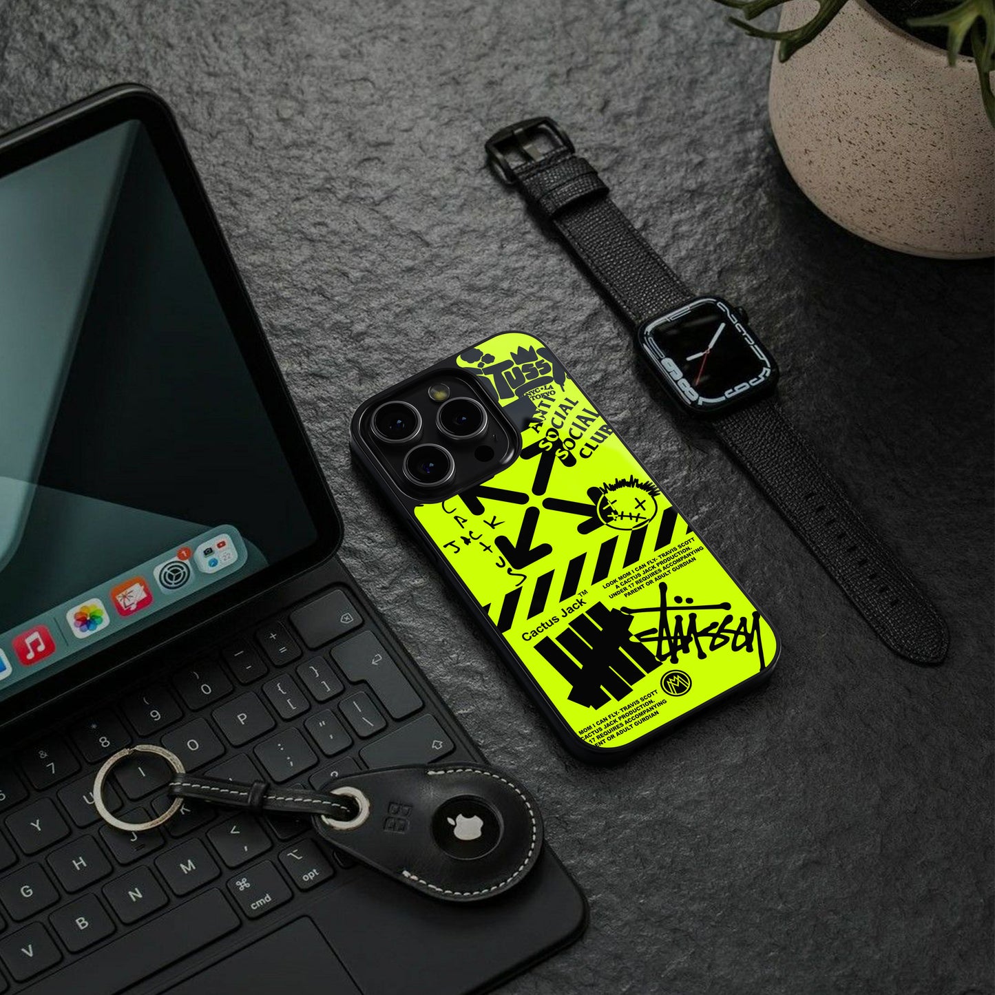 neon travis scott x anti social social club back phone cover | glass case for iphone 15 plus