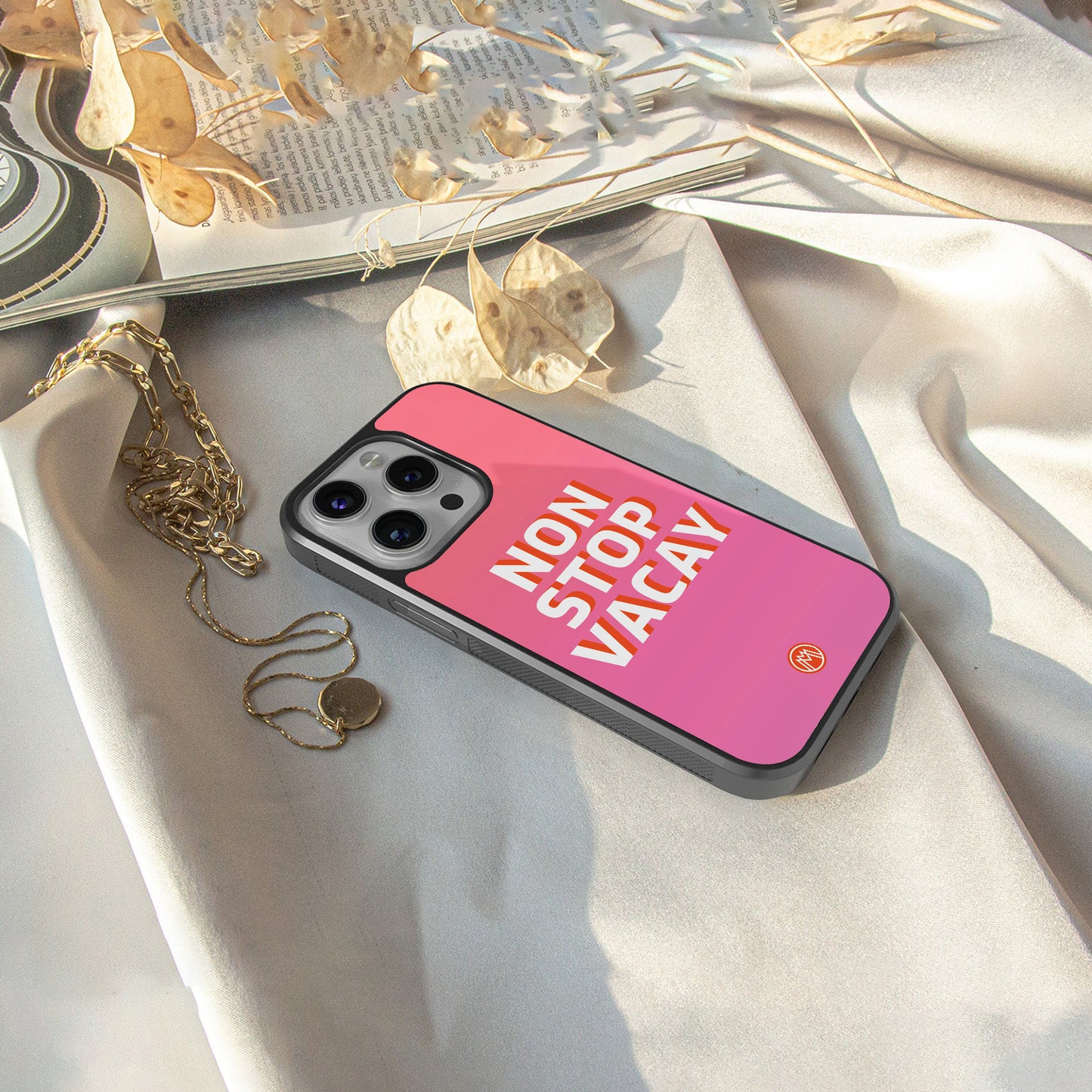 non stop vacay back phone cover | glass case for iphone 16 pro max