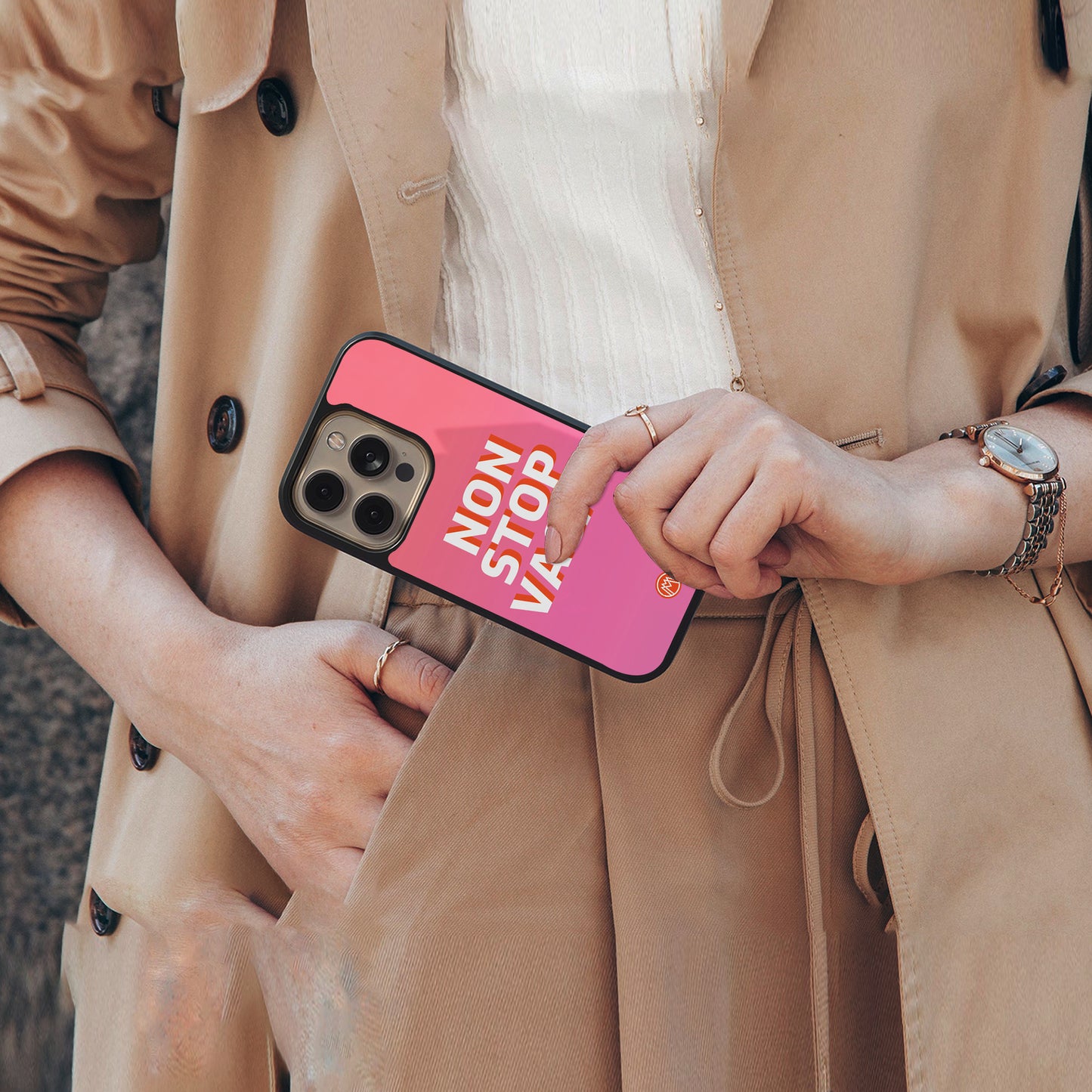non stop vacay back phone cover | glass case for iphone 16 pro max