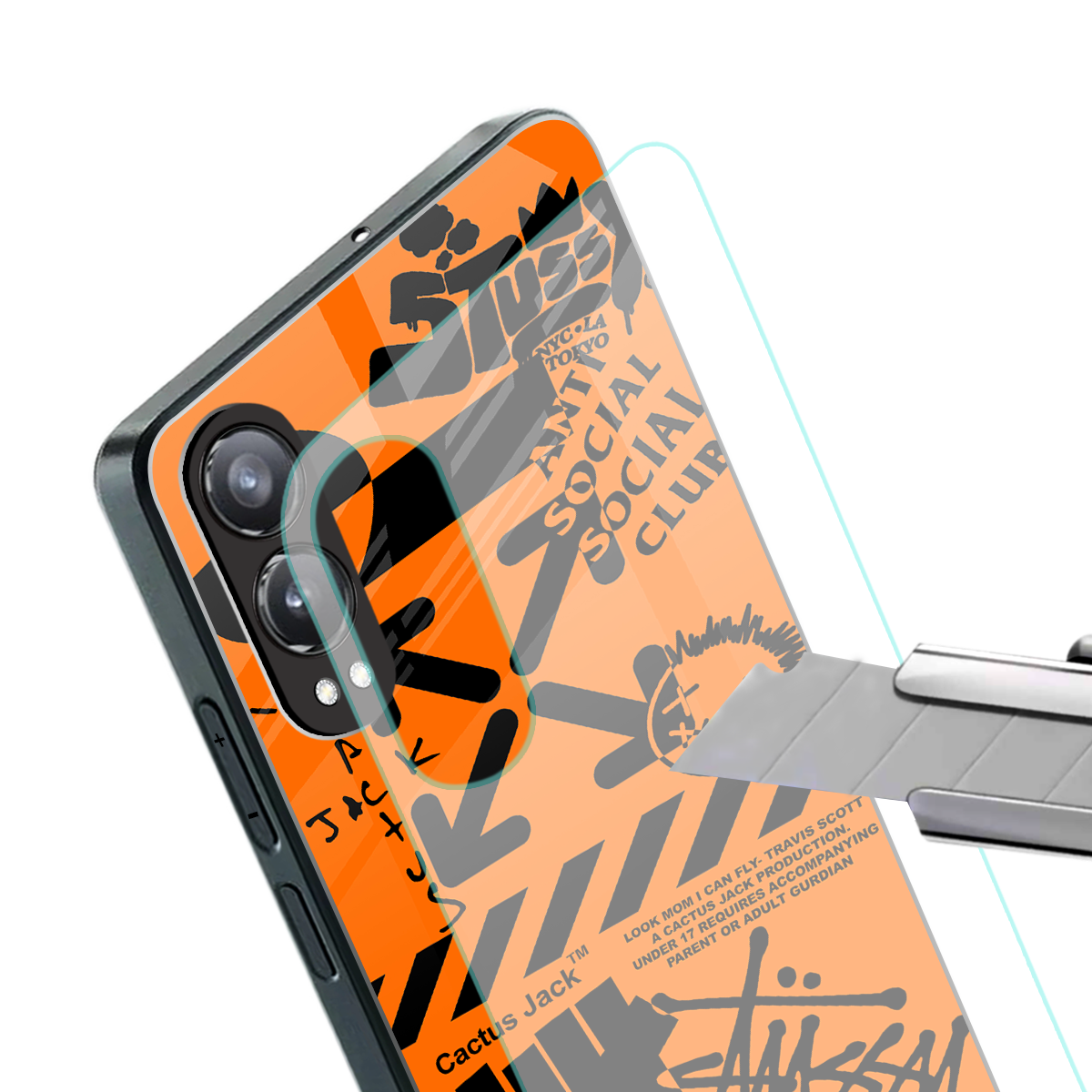 orange travis scott x anti social social club back phone cover | glass case for oneplus nord ce 4 lite