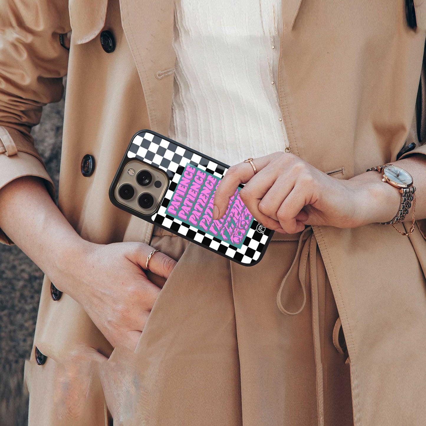 patience checkered back phone cover | glass case for samsung galaxy s24 ultra