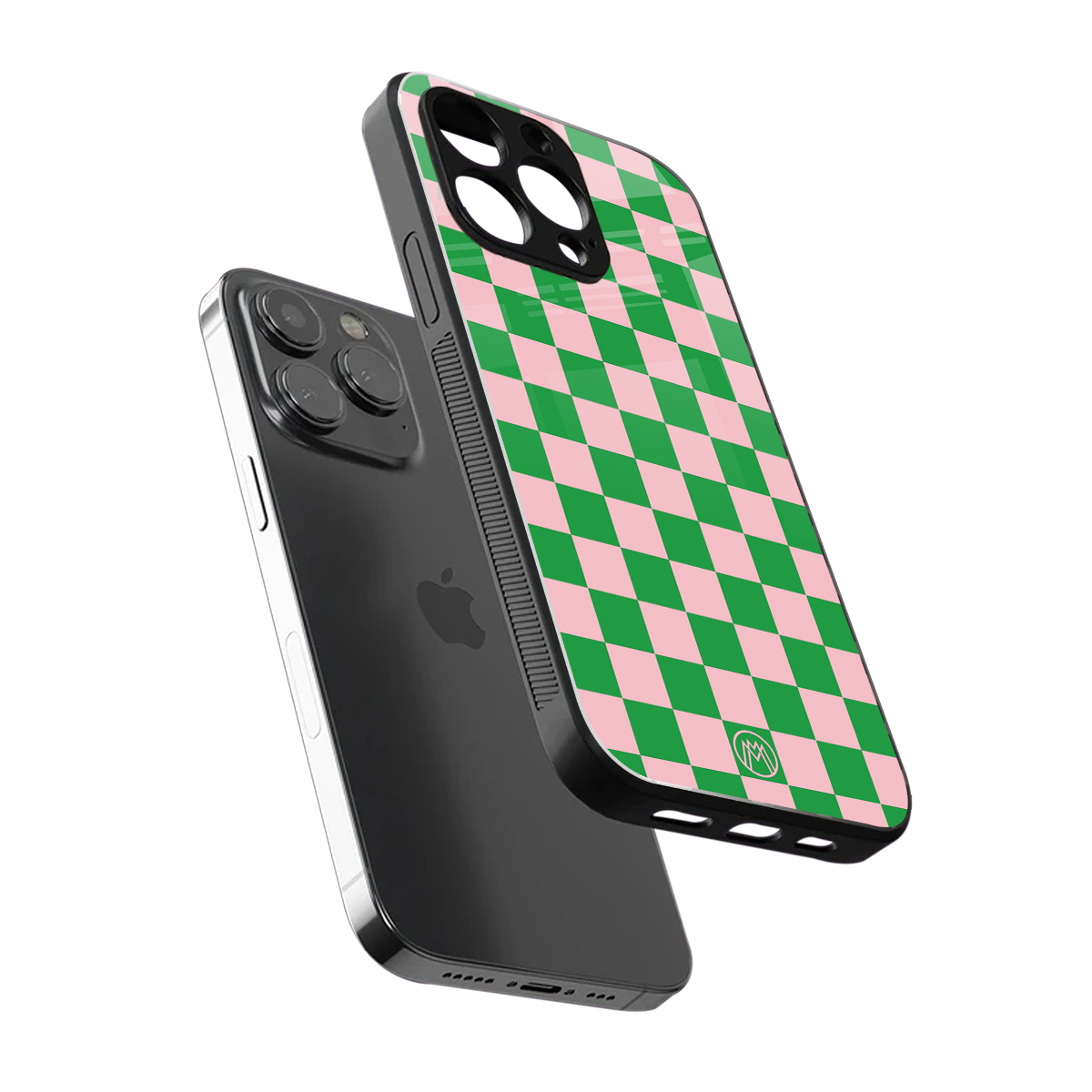 pink & green check pattern back phone cover | glass case for iphone 14 pro max