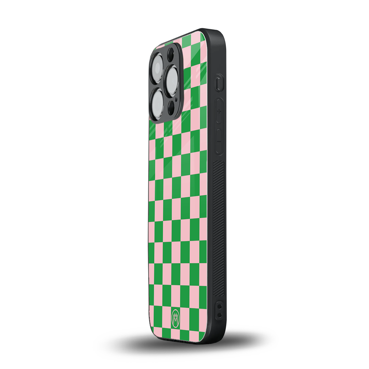 pink & green check pattern back phone cover | glass case for iphone 14 pro