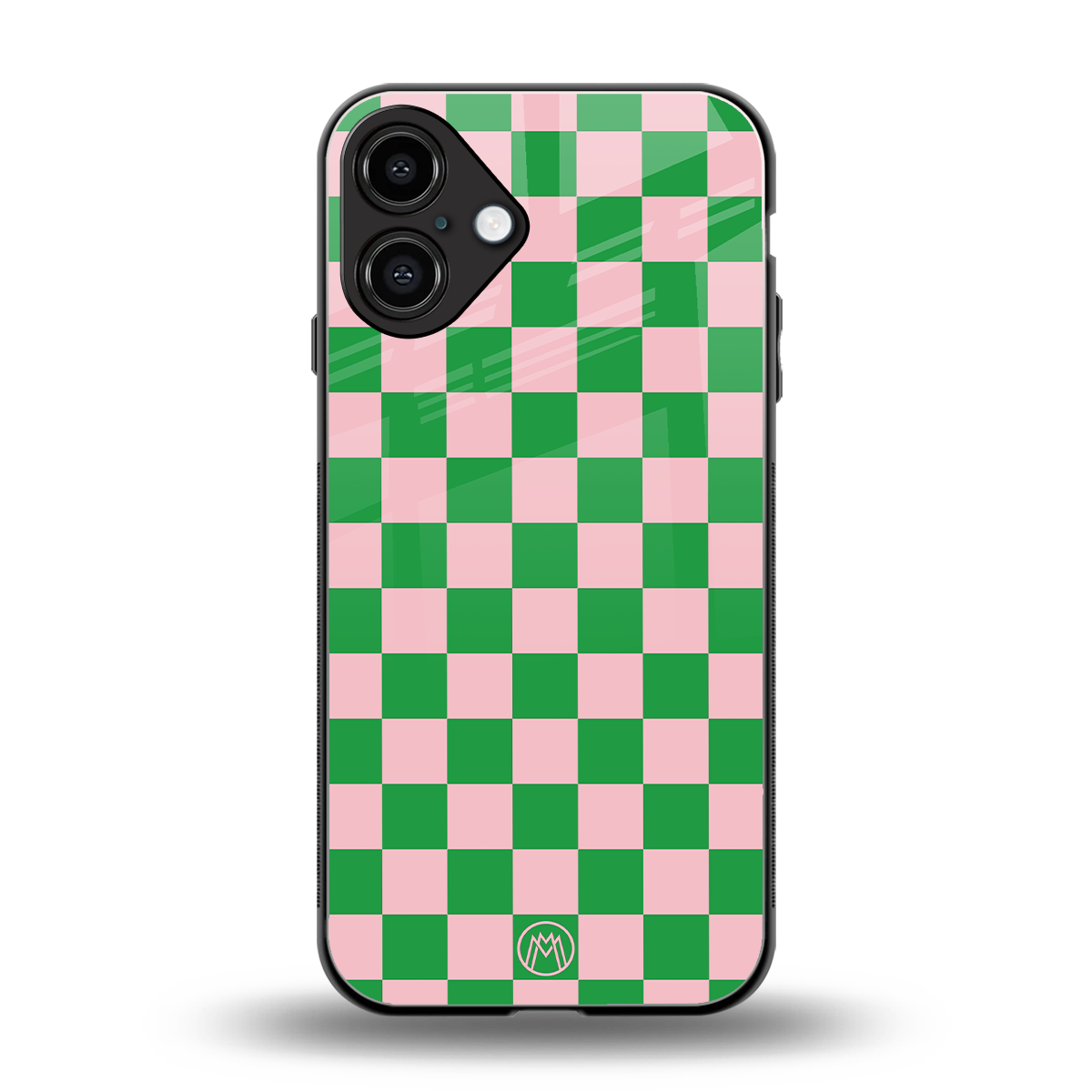 pink & green check pattern back phone cover | glass case for iphone 16 plus