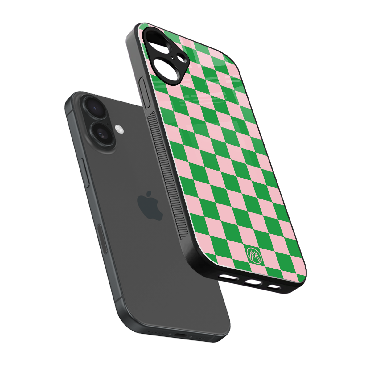 pink & green check pattern back phone cover | glass case for iphone 16 plus