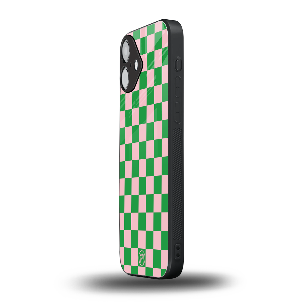pink & green check pattern back phone cover | glass case for iphone 16 plus