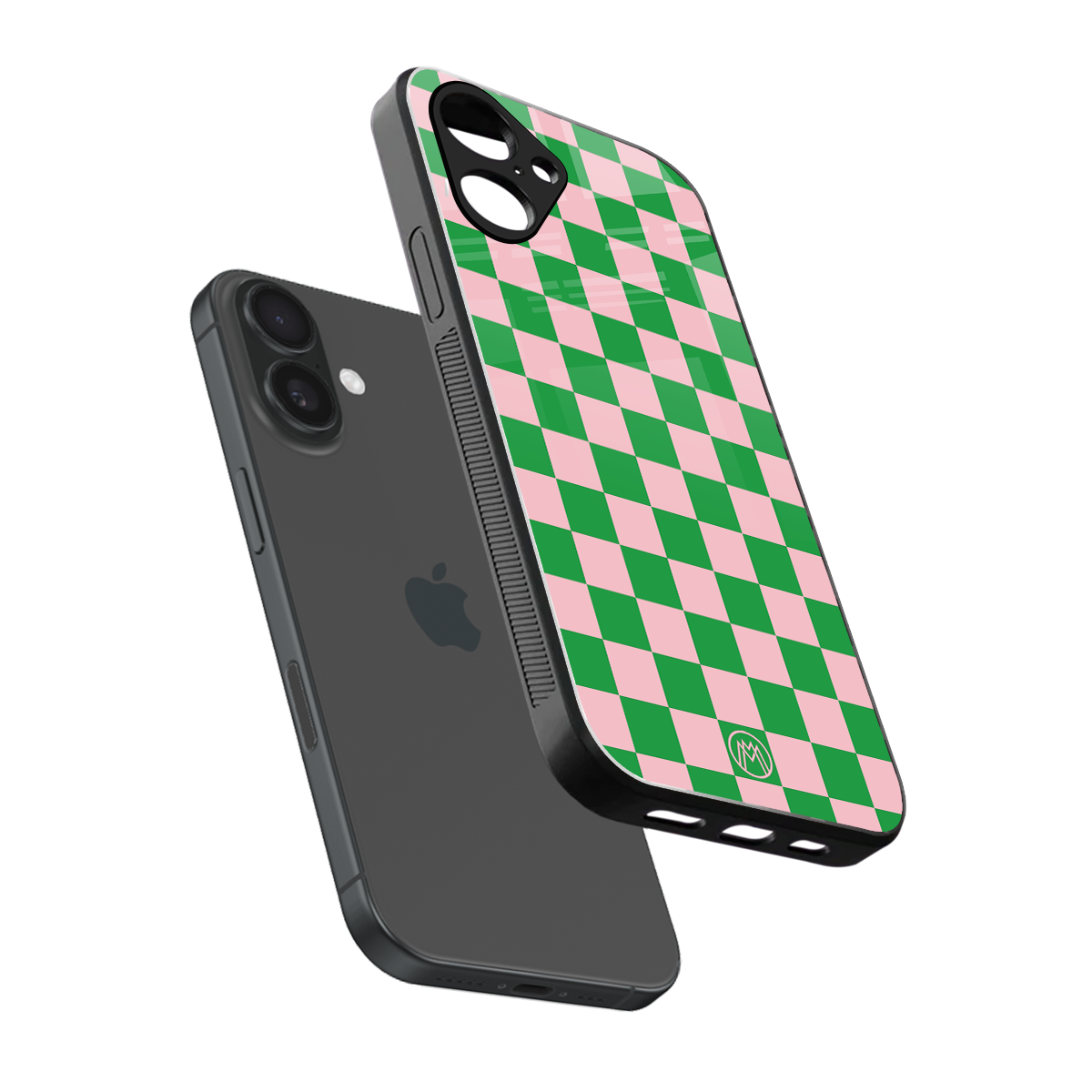 pink & green check pattern back phone cover | glass case for iphone 16