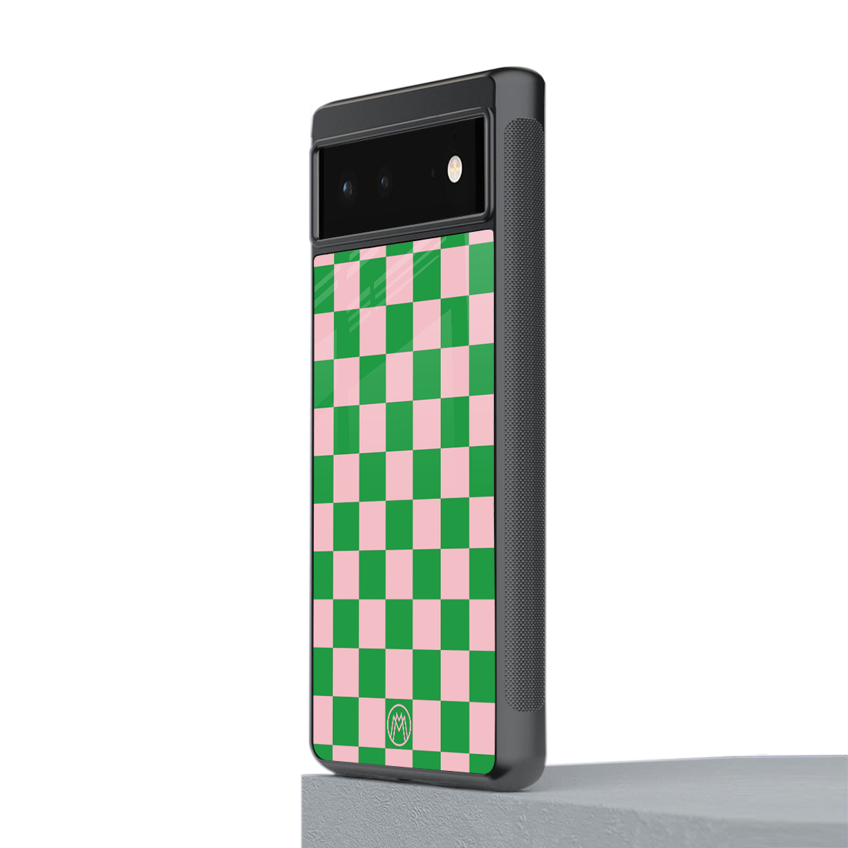 pink & green check pattern back phone cover | glass case for google pixel 6