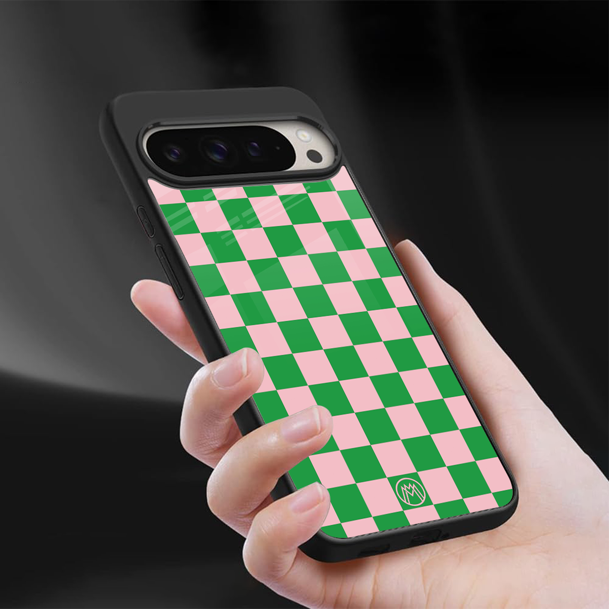 pink & green check pattern back phone cover | glass case for google pixel 9 pro xl