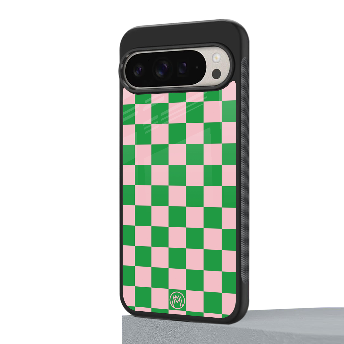 pink & green check pattern back phone cover | glass case for google pixel 9 pro