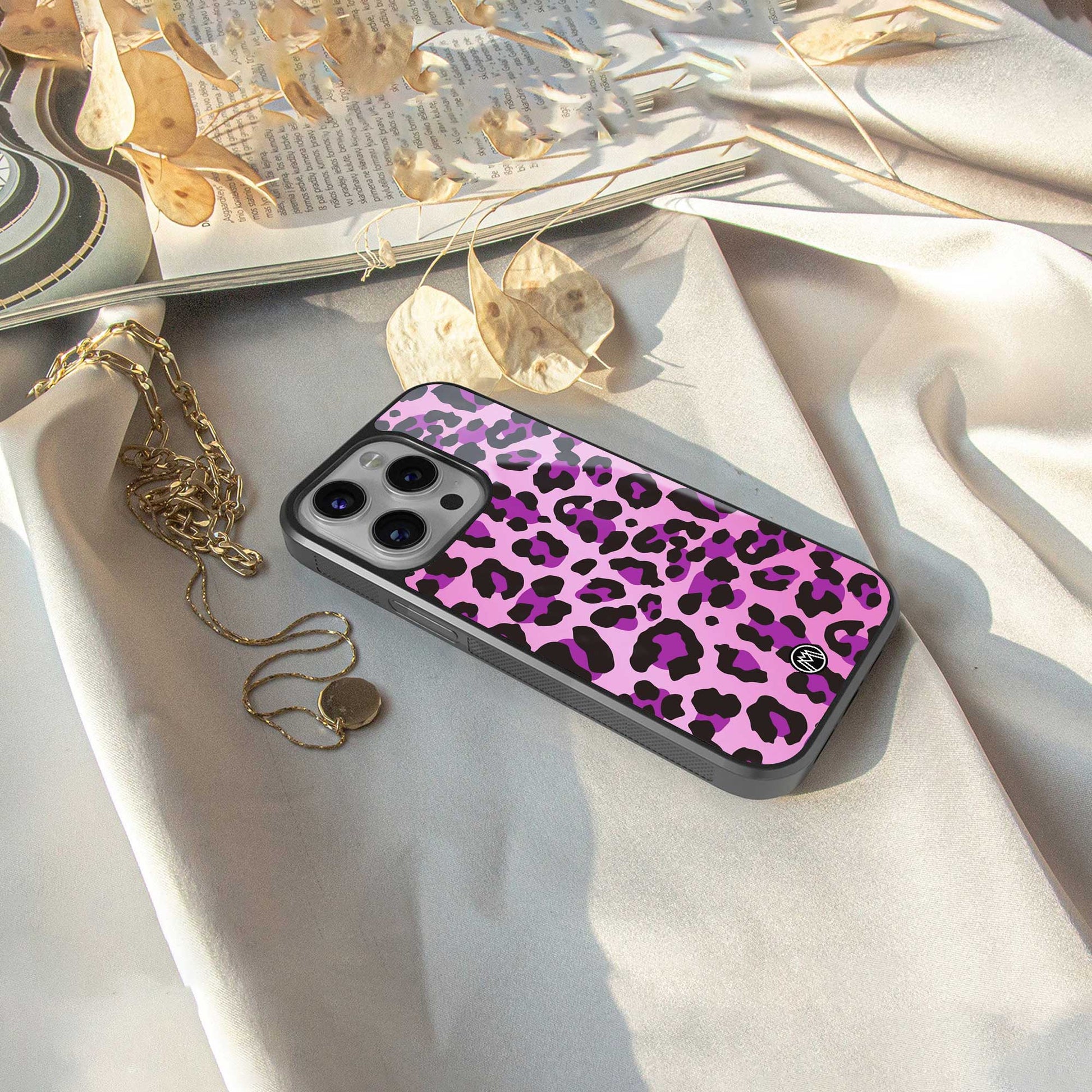 pink leopard fur back phone cover | glass case for iphone 14 pro max